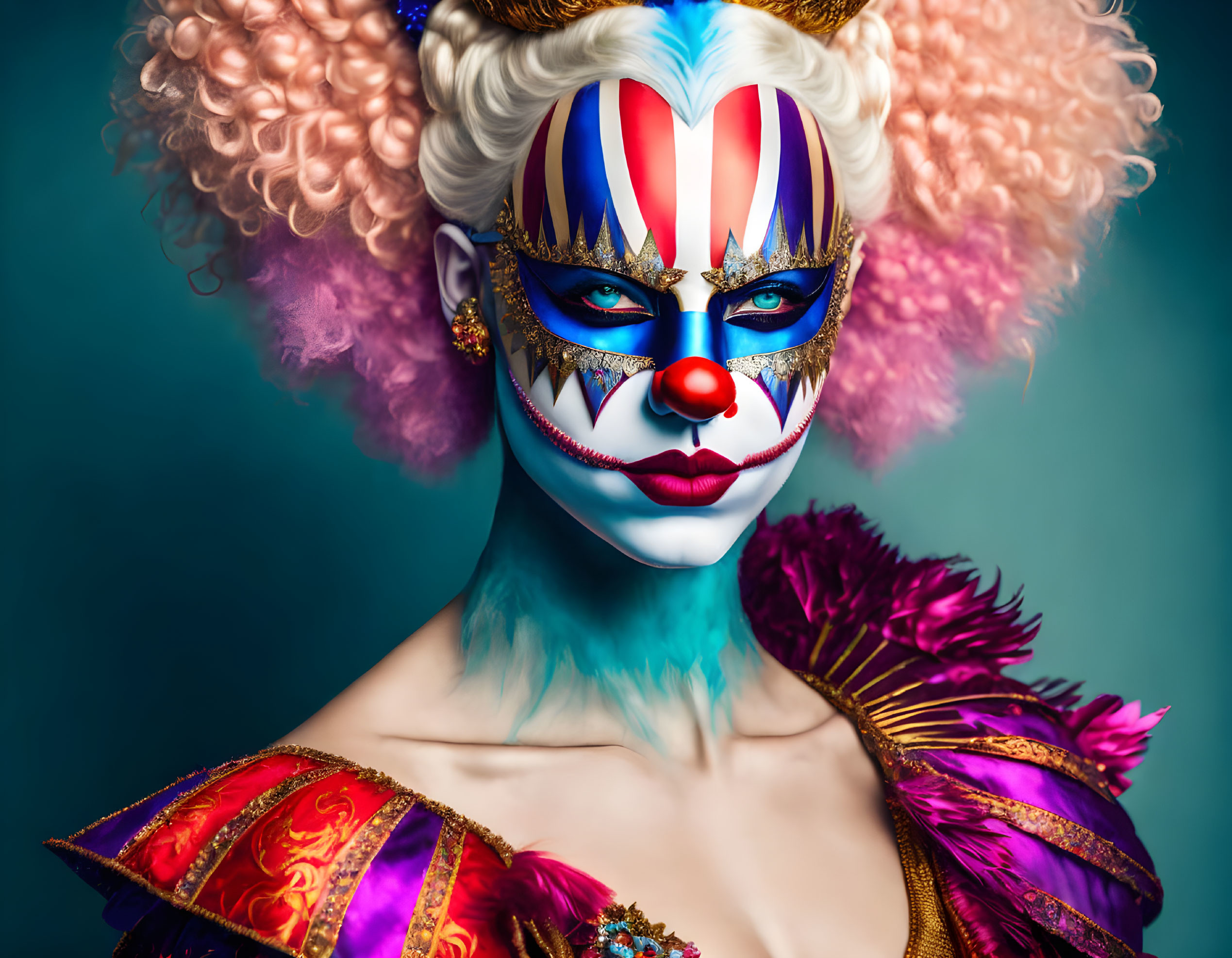 Colorful Clown Costume with Puffy Pink Hair on Teal Background