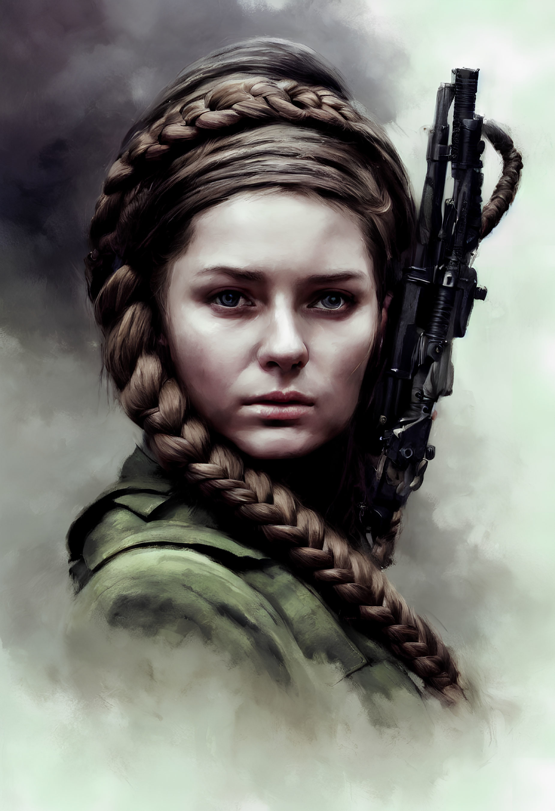 Young woman with braided hair holding a rifle in intense gaze