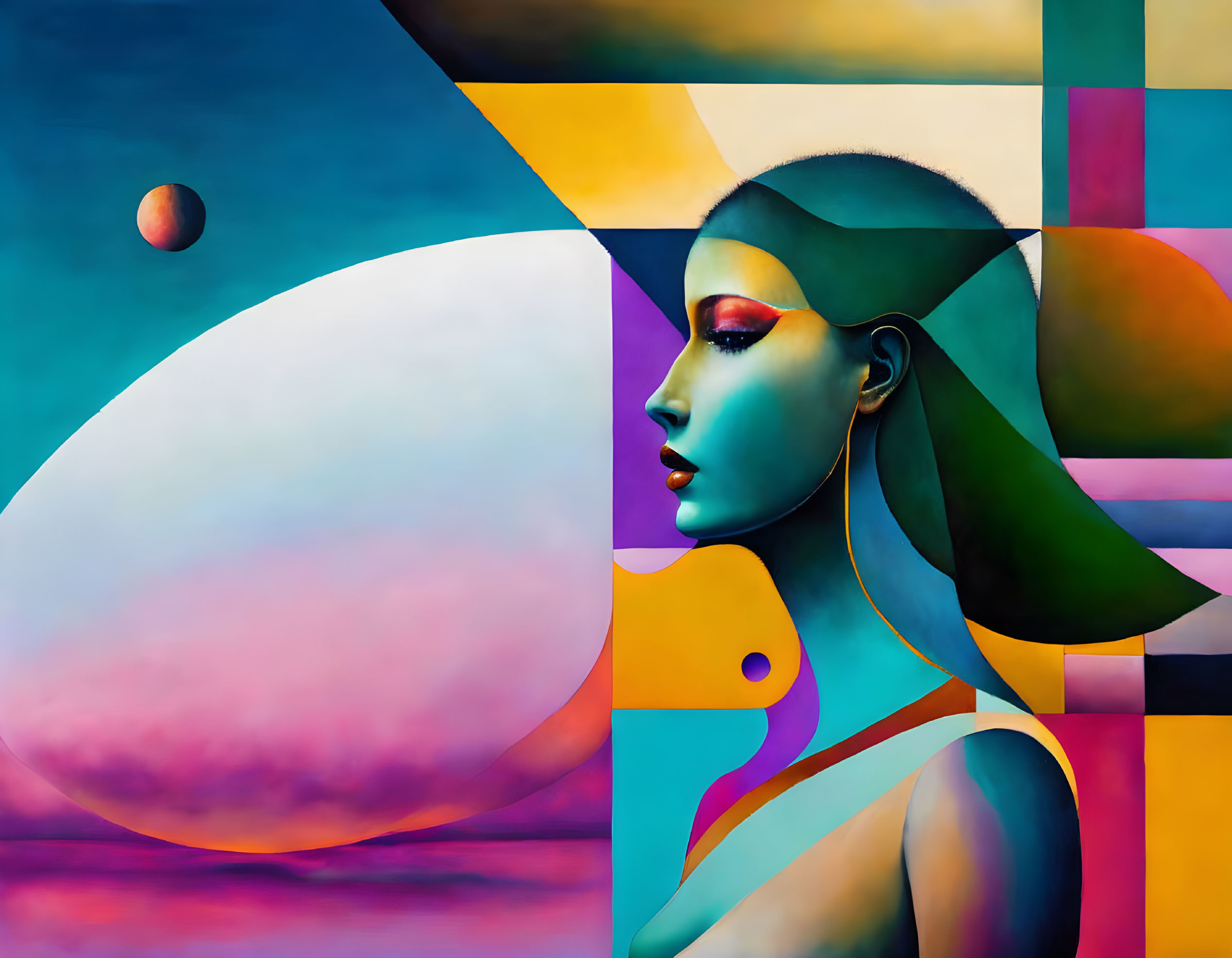 Colorful Abstract Painting: Geometric Woman Profile on Multicolored Background