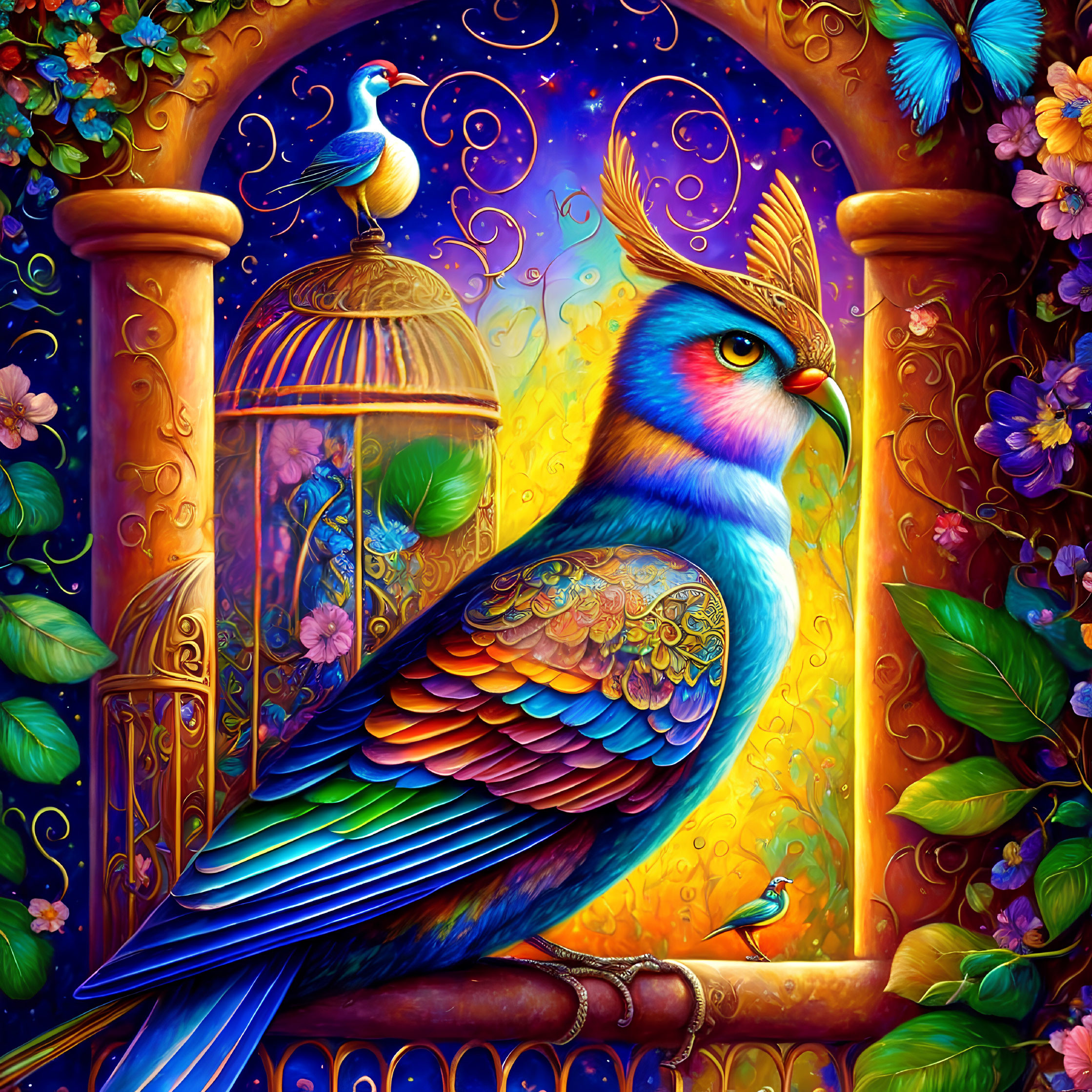 Colorful bird painting with cage, flowers, and starry sky