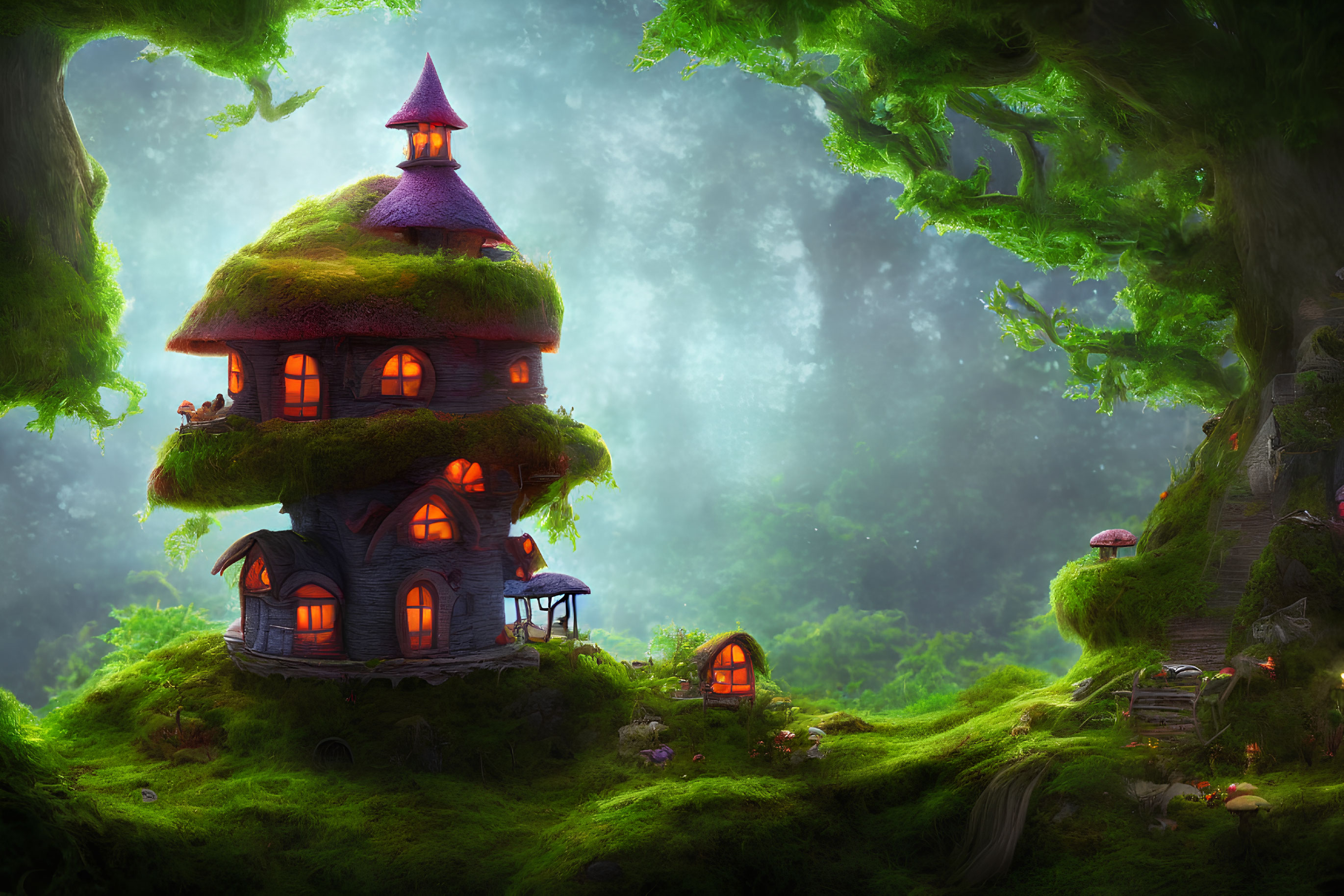 Whimsical moss-covered treehouse in enchanted forest