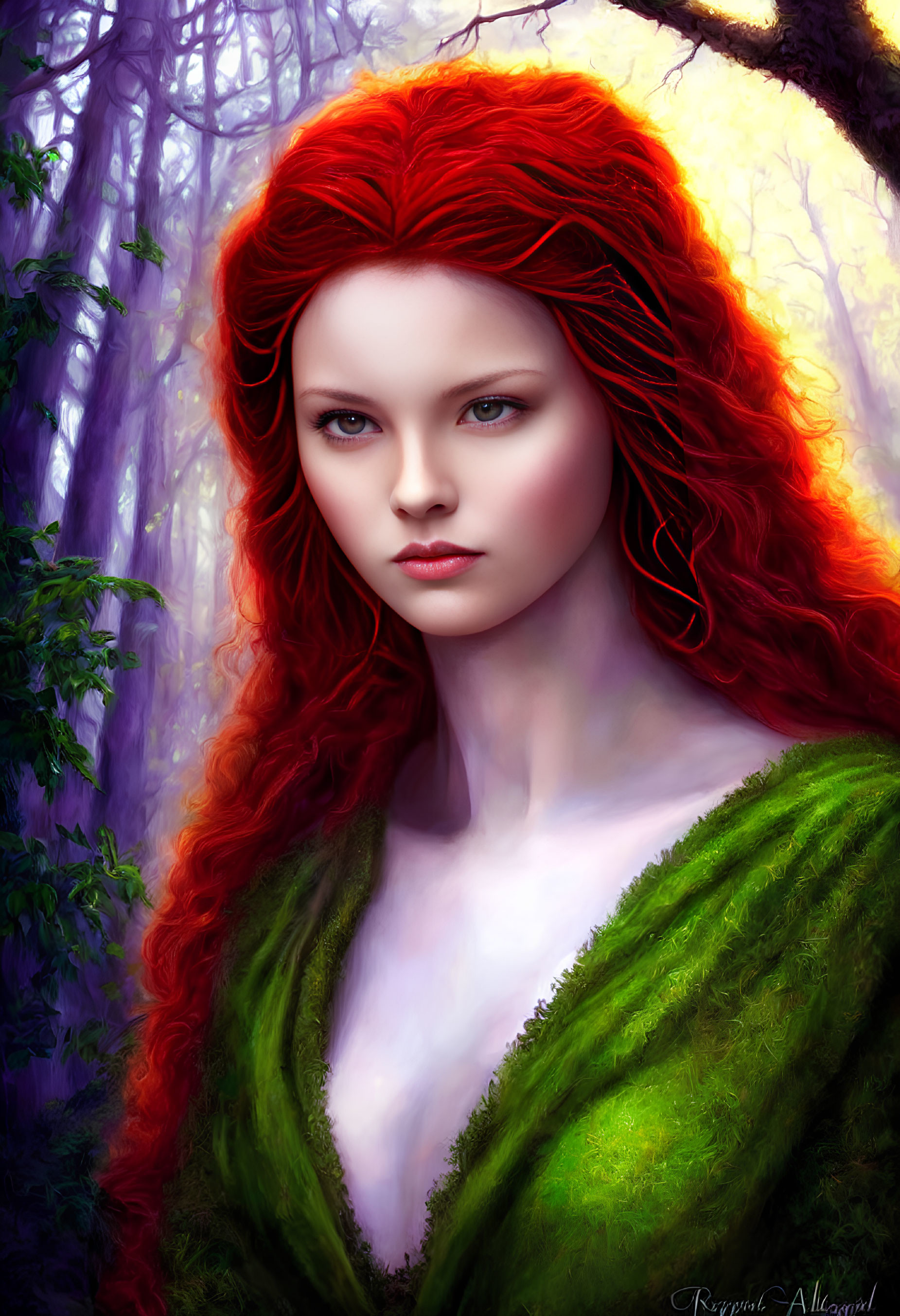 Vibrant Red-Haired Woman in Mystical Purple Forest