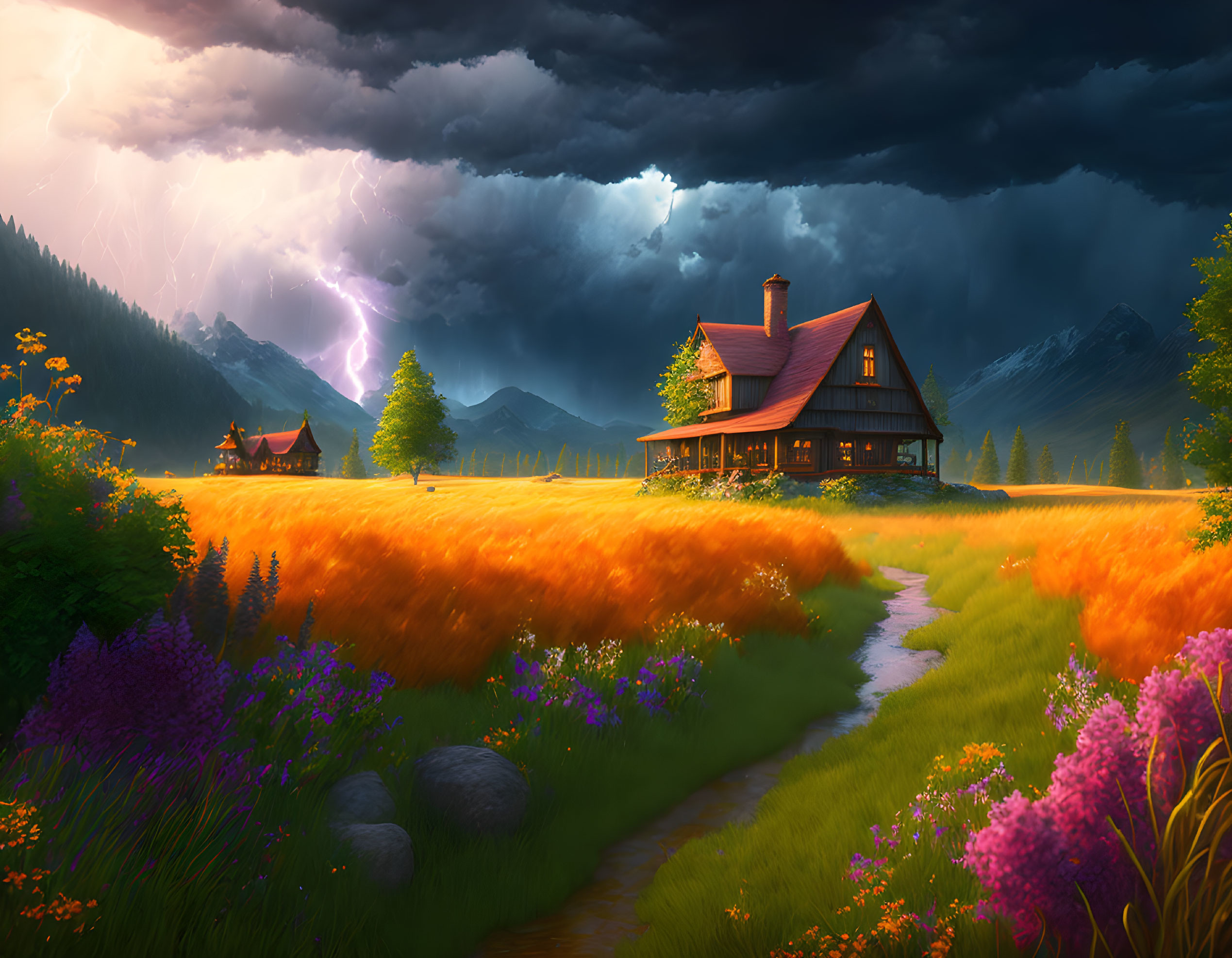 Tranquil landscape with cozy house, wildflowers, winding path, and stormy sky