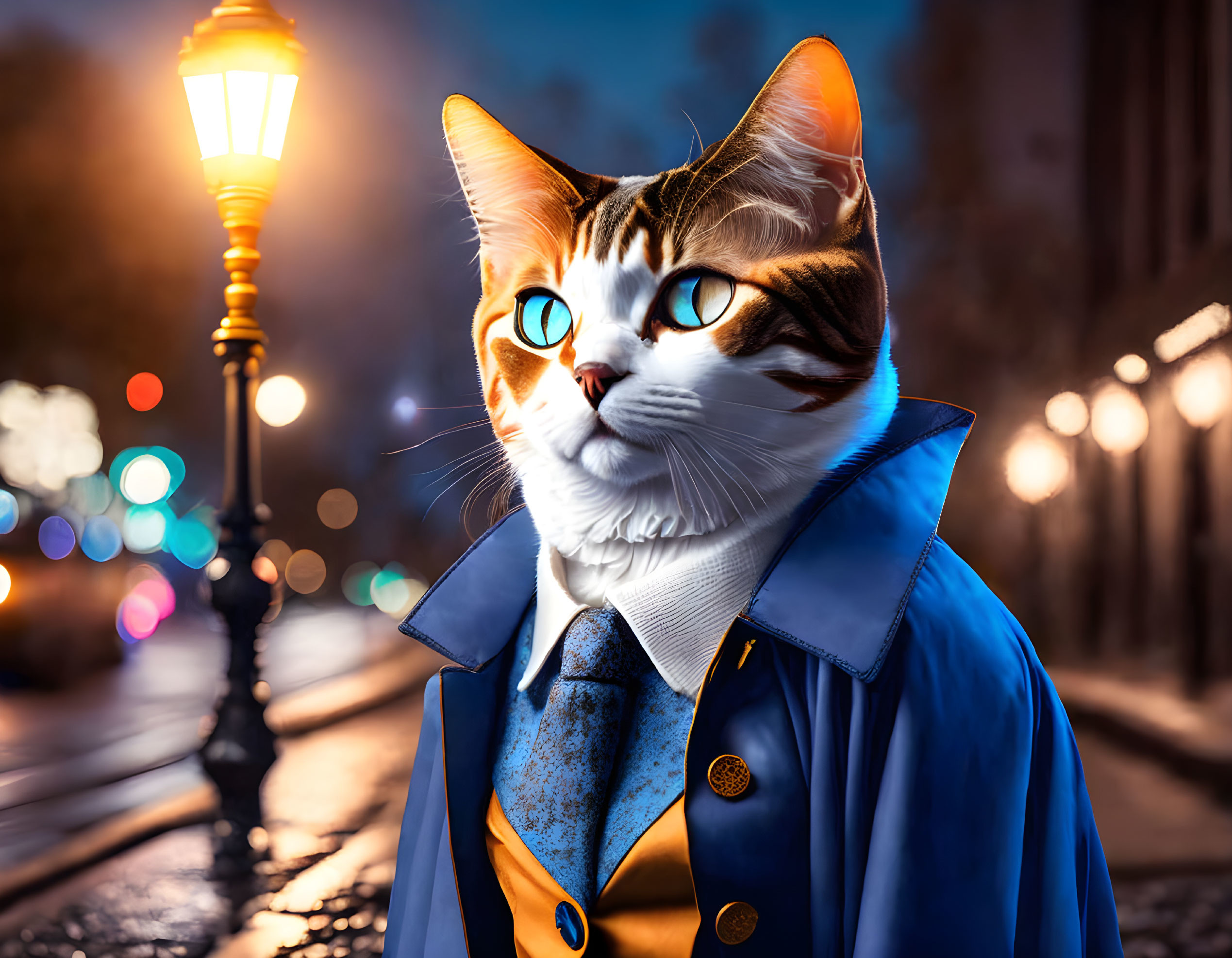 Stylized cat with human-like features in blue overcoat on night street.