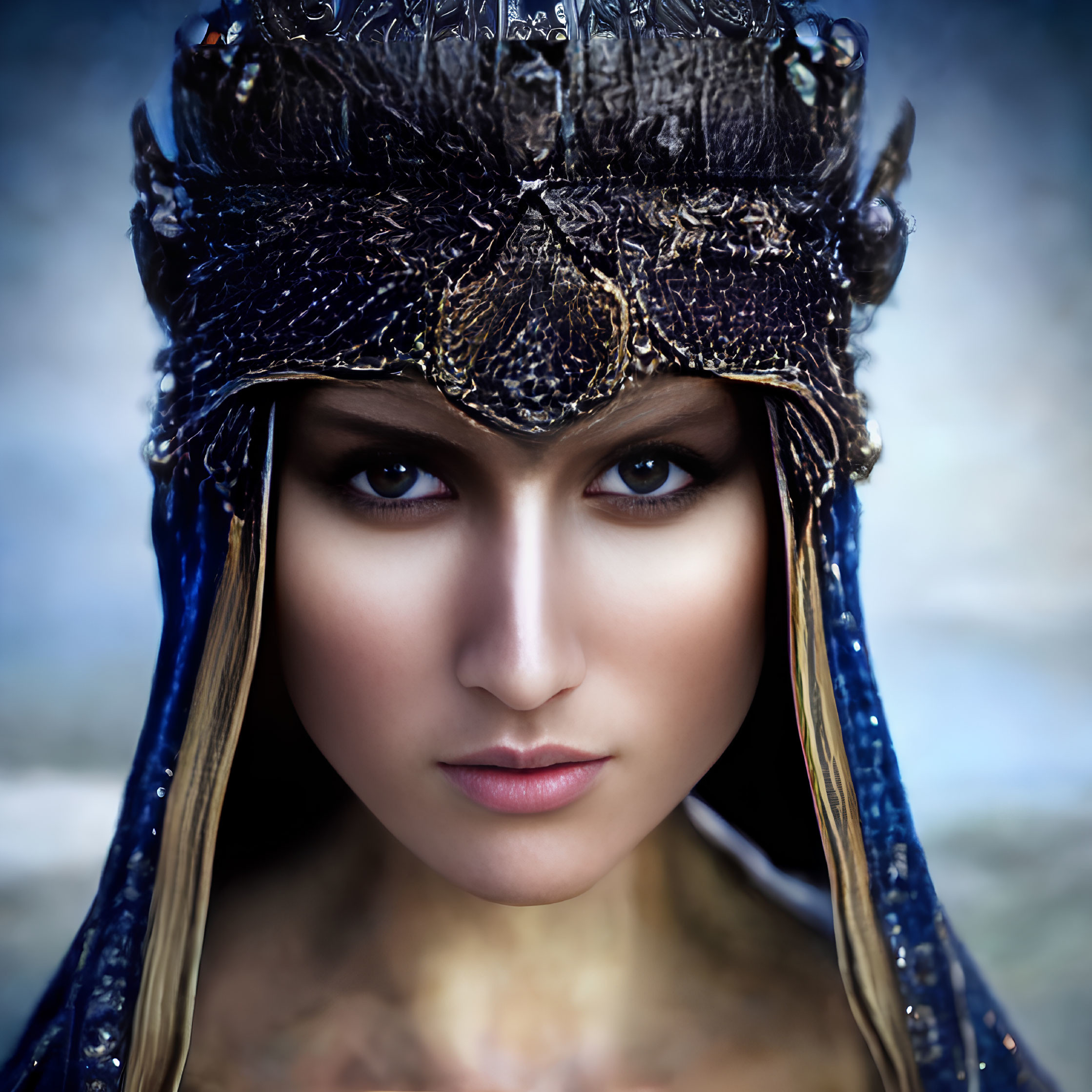 Intense-Eyed Woman in Ornate Metallic Headdress on Blue Background