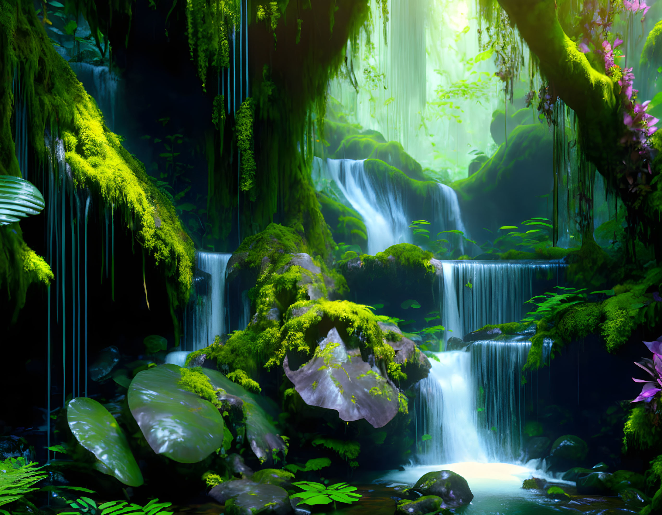 Mystical forest with green moss, waterfalls, exotic flora