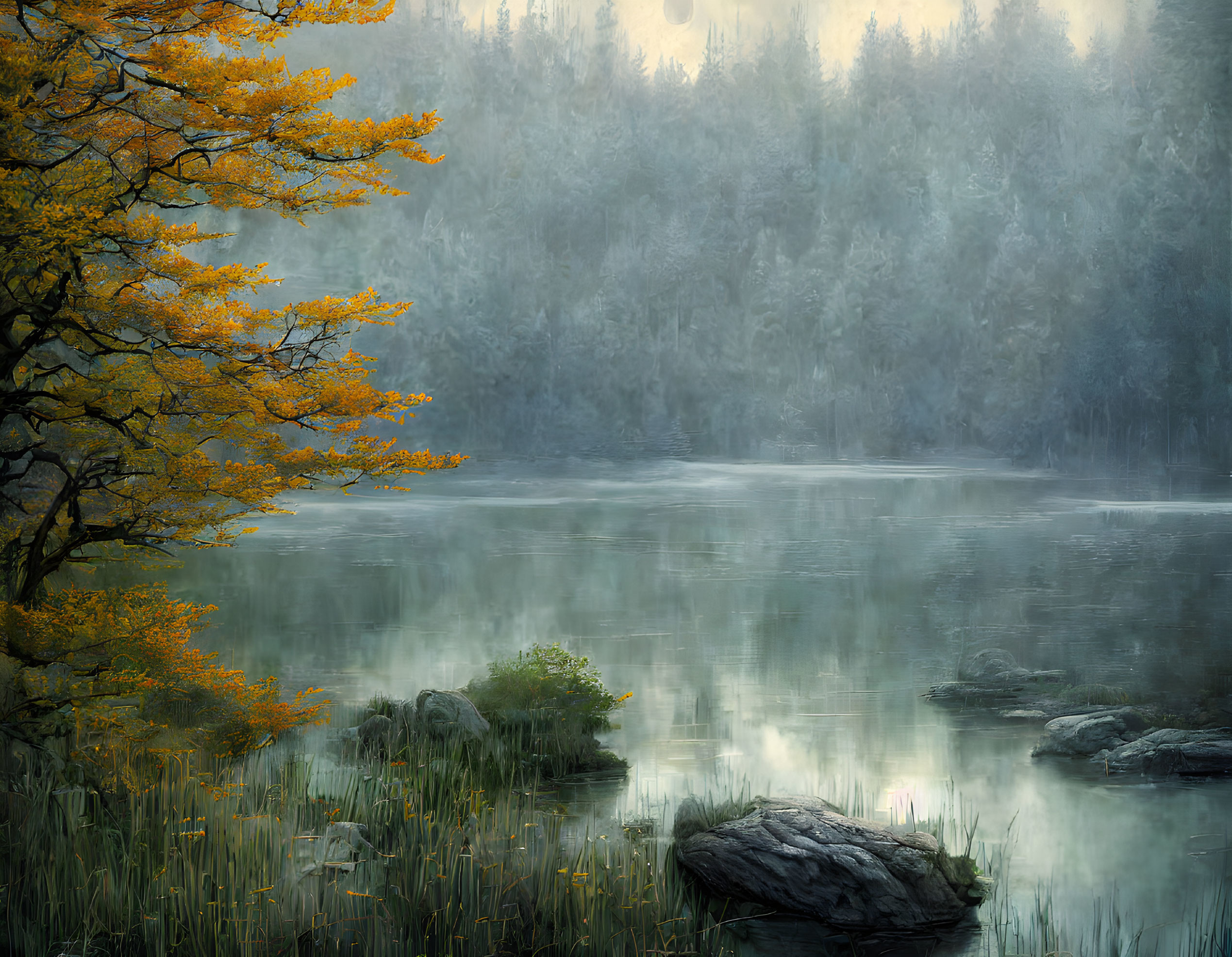 Tranquil autumn landscape with golden tree by misty lake