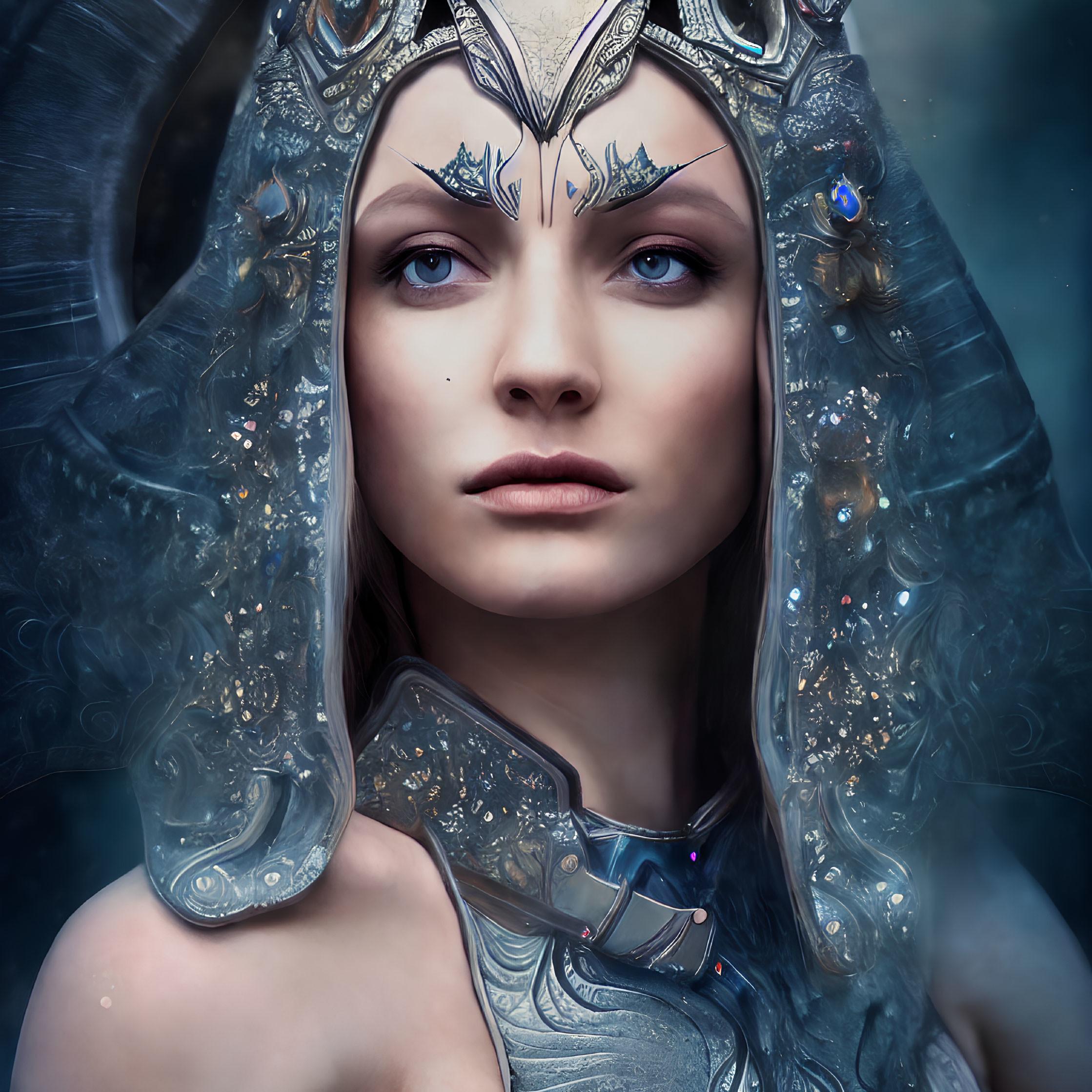 Woman with Blue Eyes and Silver Headdress in Fantasy Armor