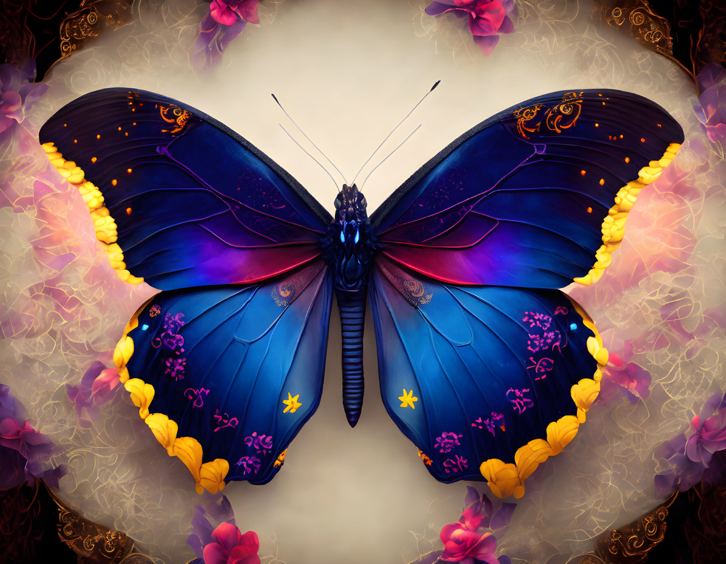 Symmetrical blue butterfly digital artwork with golden accents