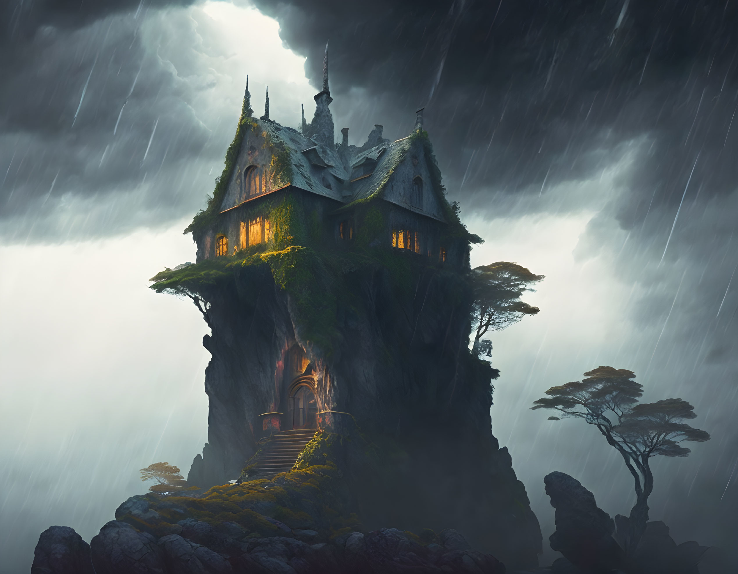 Mysterious mansion on steep rock in stormy sky with rain and lone tree