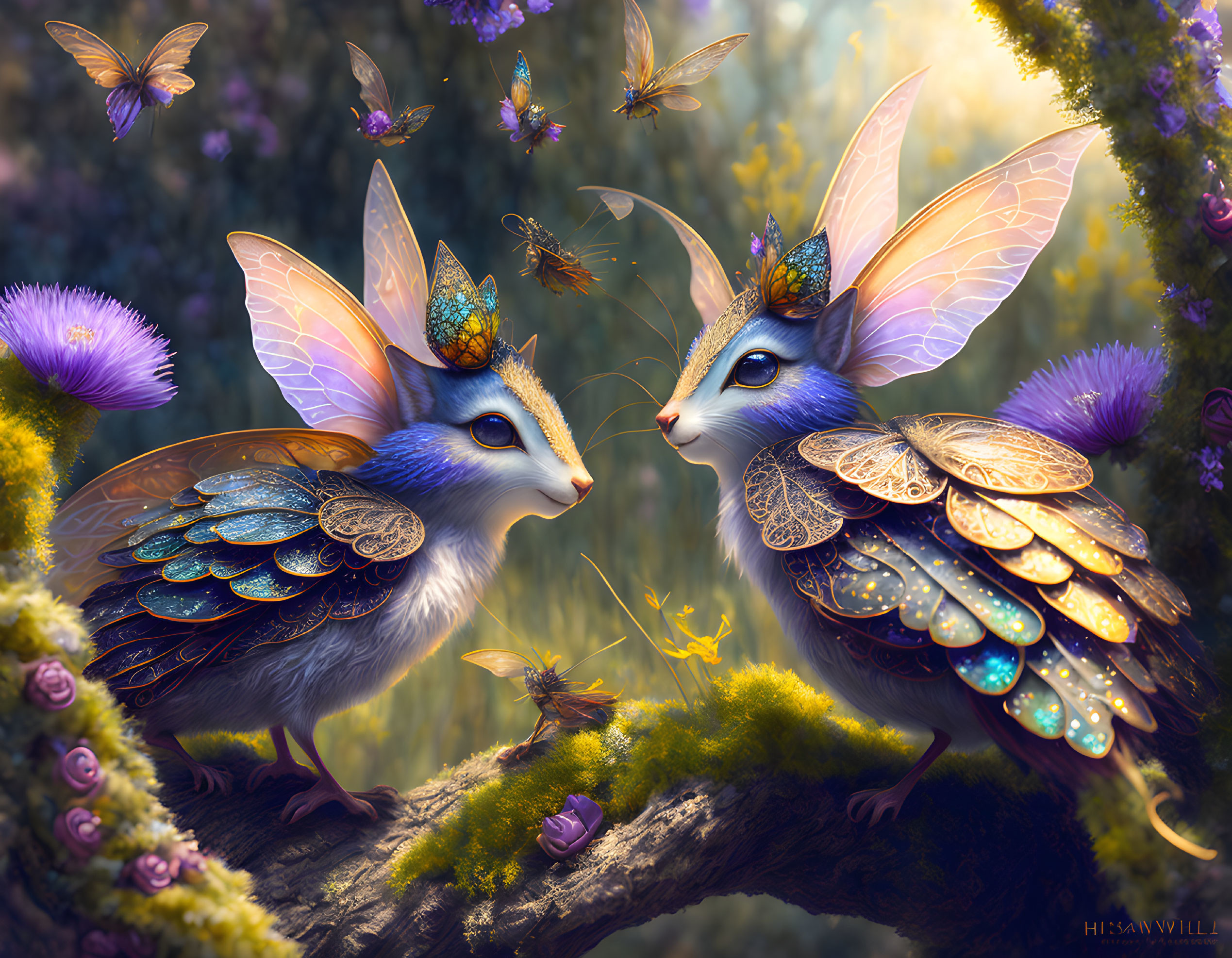 Rabbit-bodied creatures with butterfly wings in magical forest