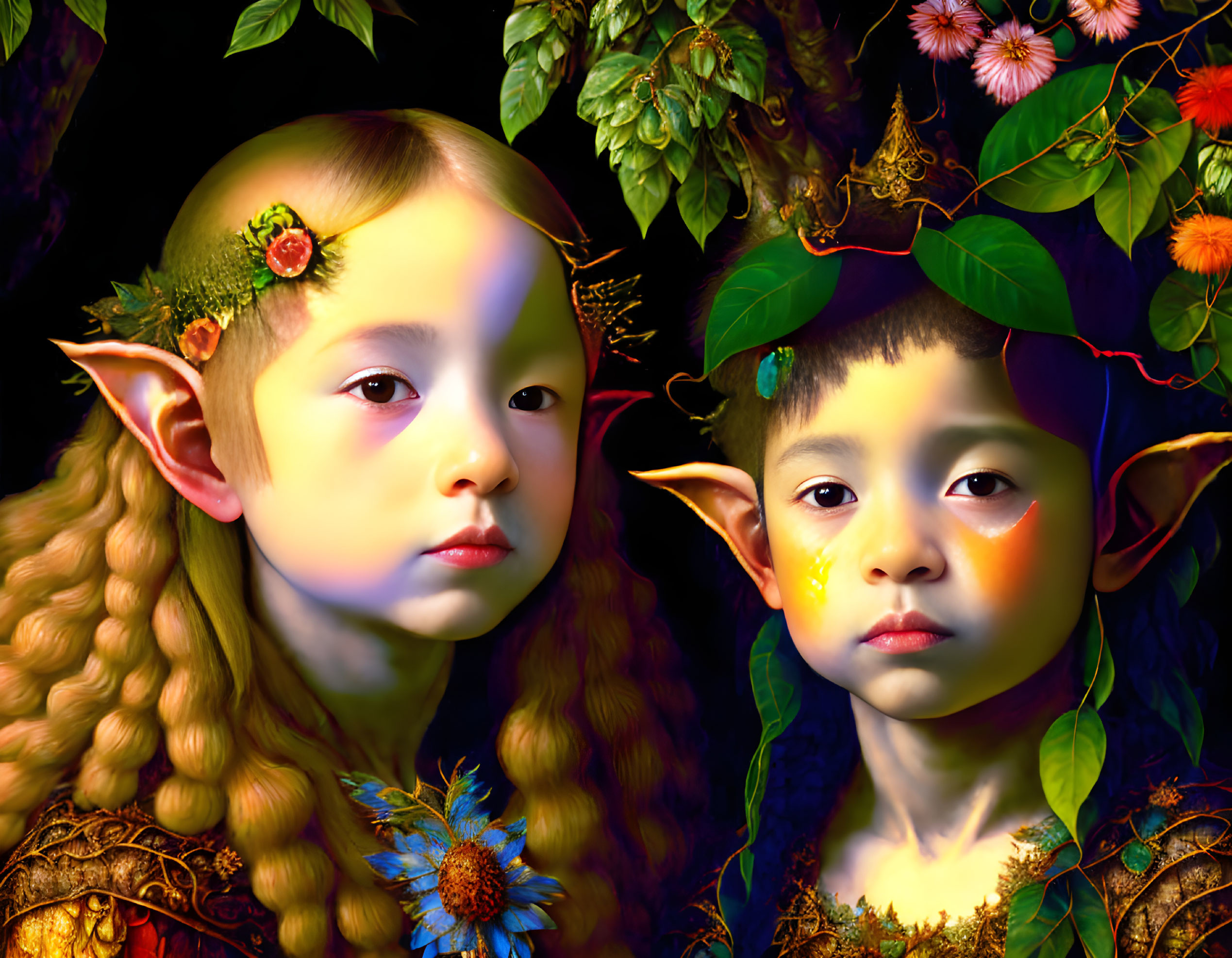 Children with elf ears and nature-themed makeup in mystical fantasy setting