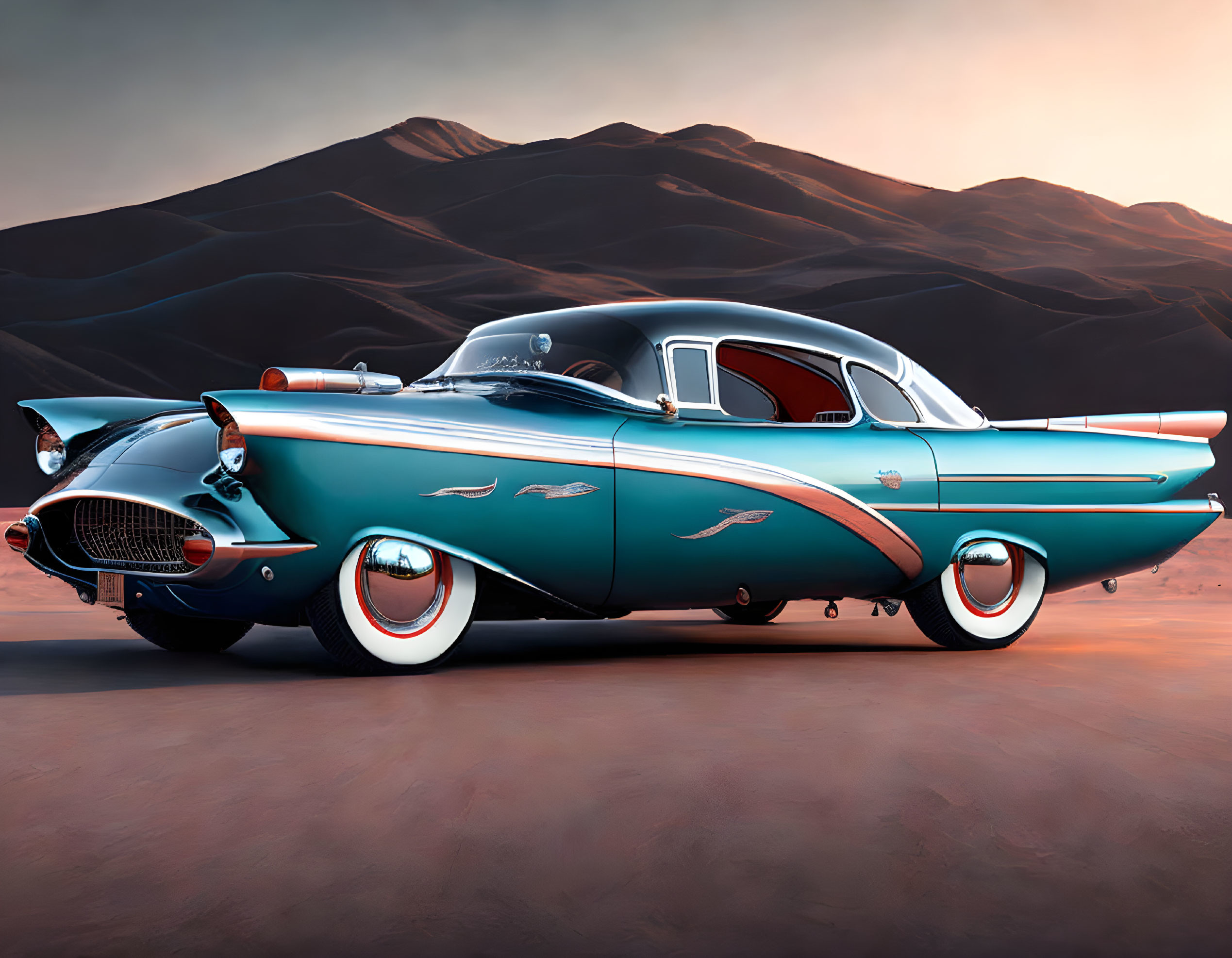 Classic Blue and White Car with Tailfins in Desert Setting at Sunset