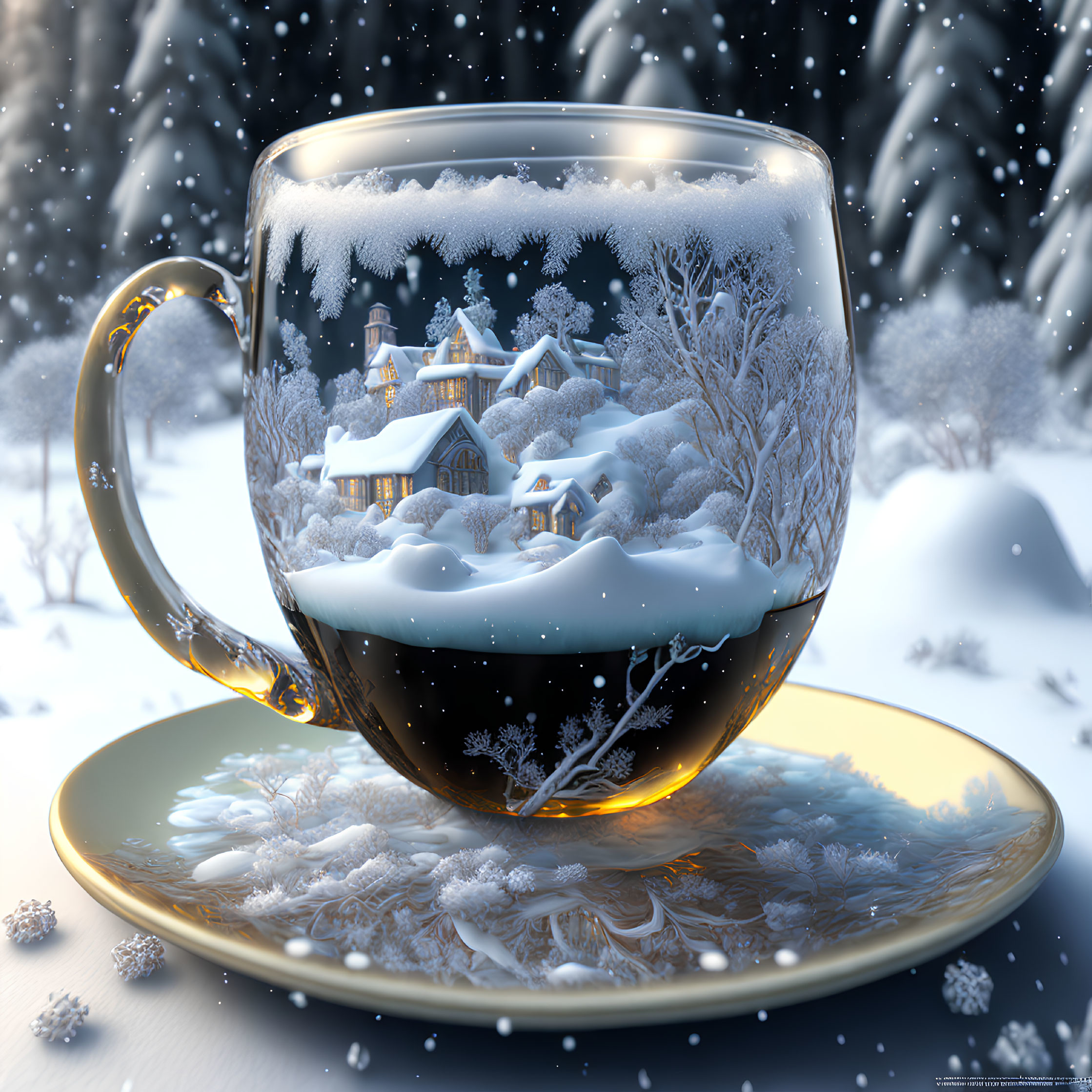 Snowy Winter Landscape in Transparent Cup on Patterned Saucer