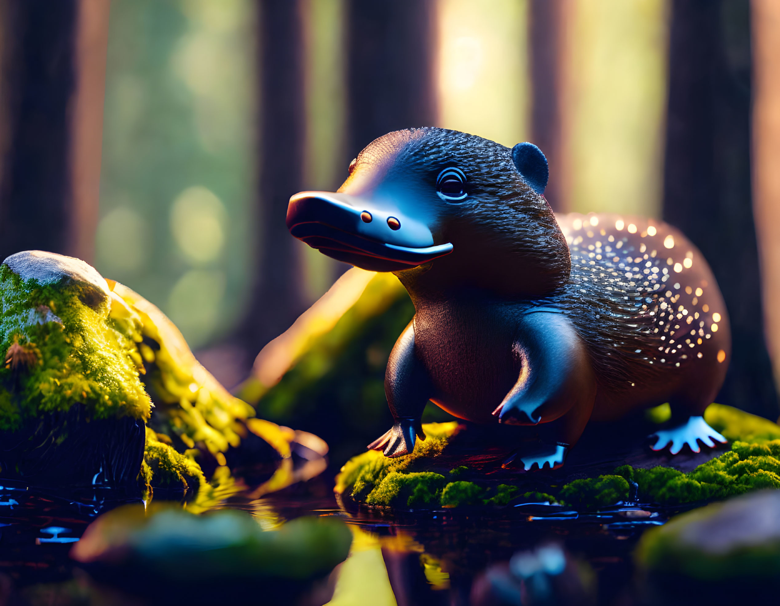 Cartoonish Platypus in Mossy Rocks with Forest Background