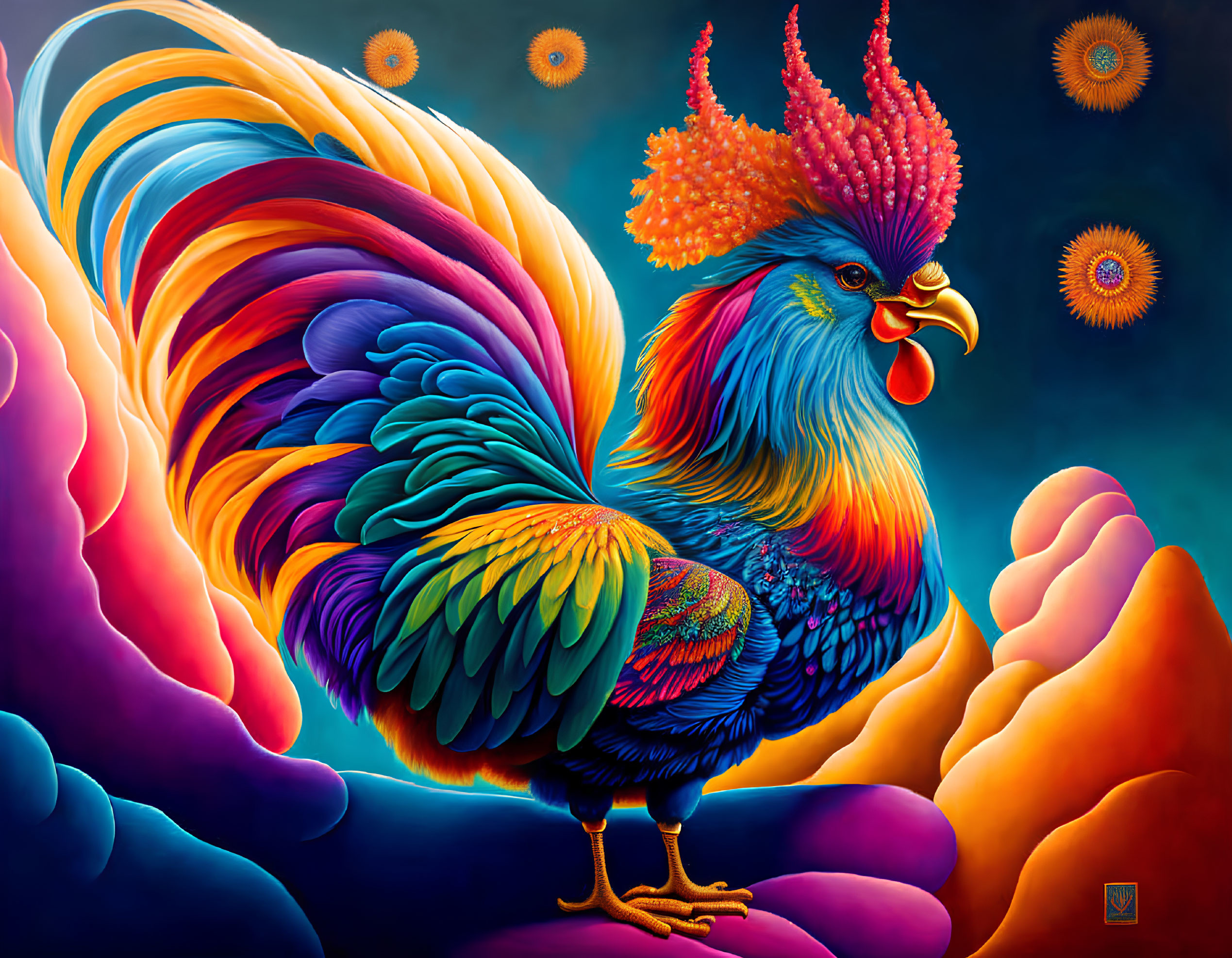 Colorful Rooster Painting with Surreal Background