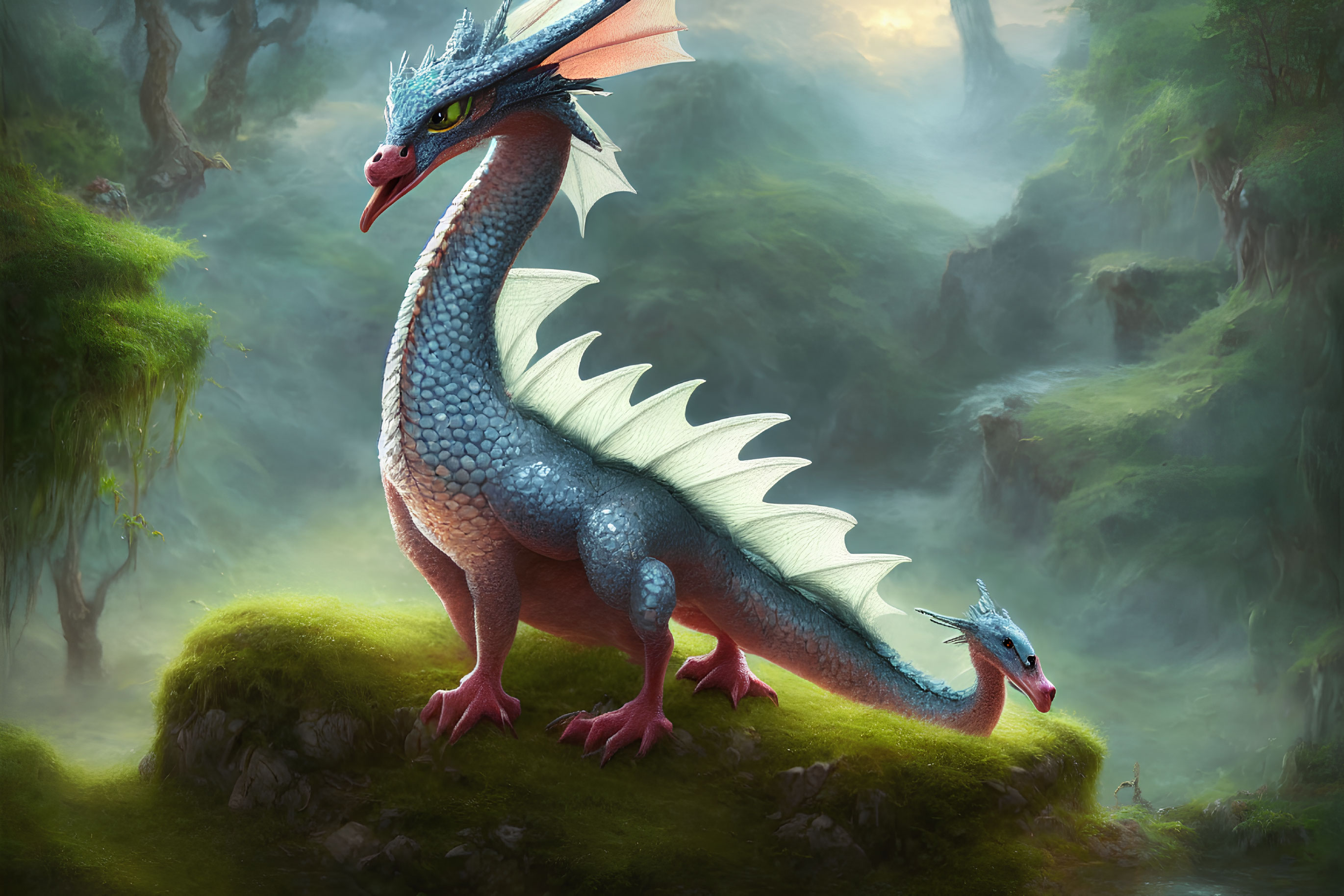 Blue-scaled two-headed dragon in mystical forest with mist.