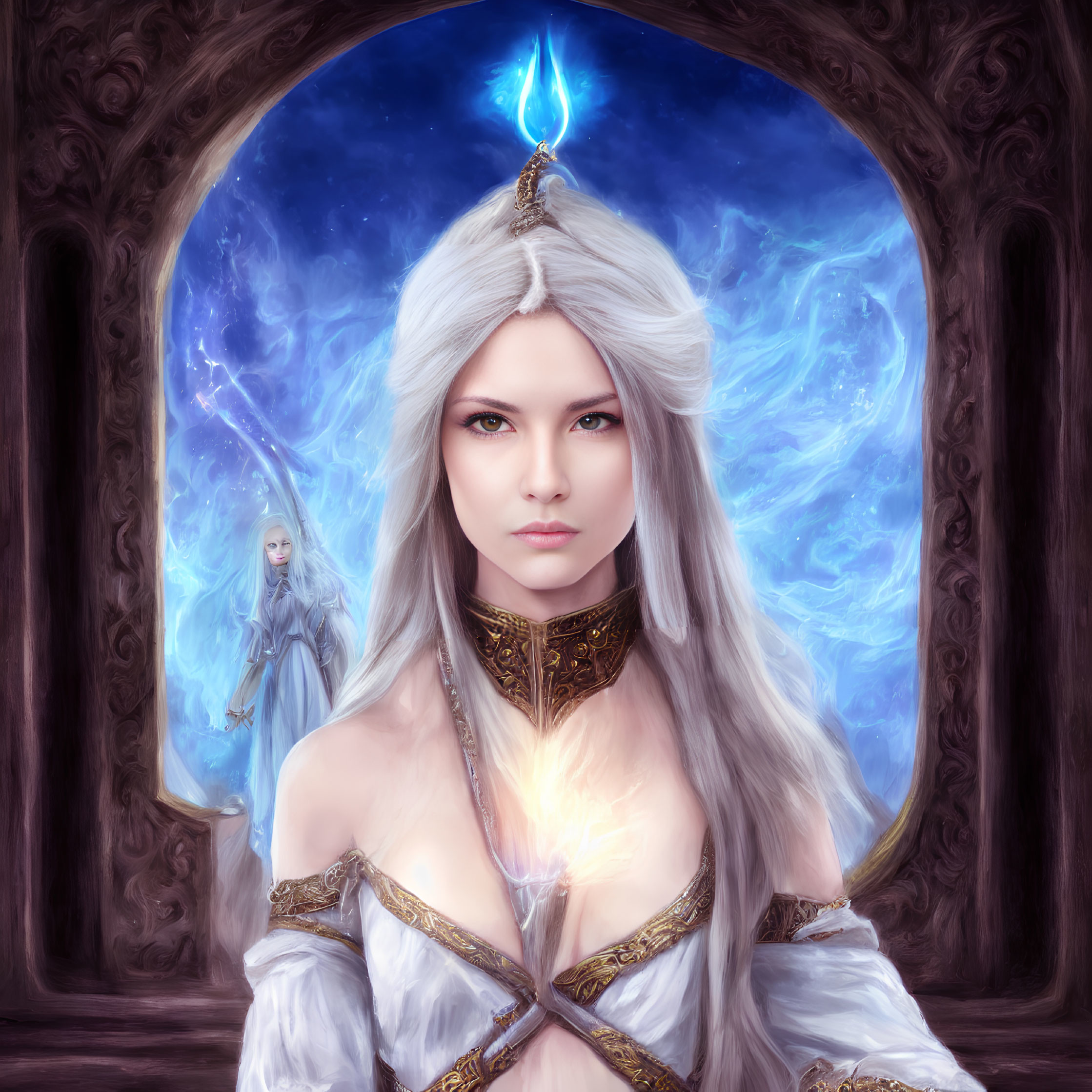 Ethereal woman with long white hair holding glowing staff before ornate arched gateway