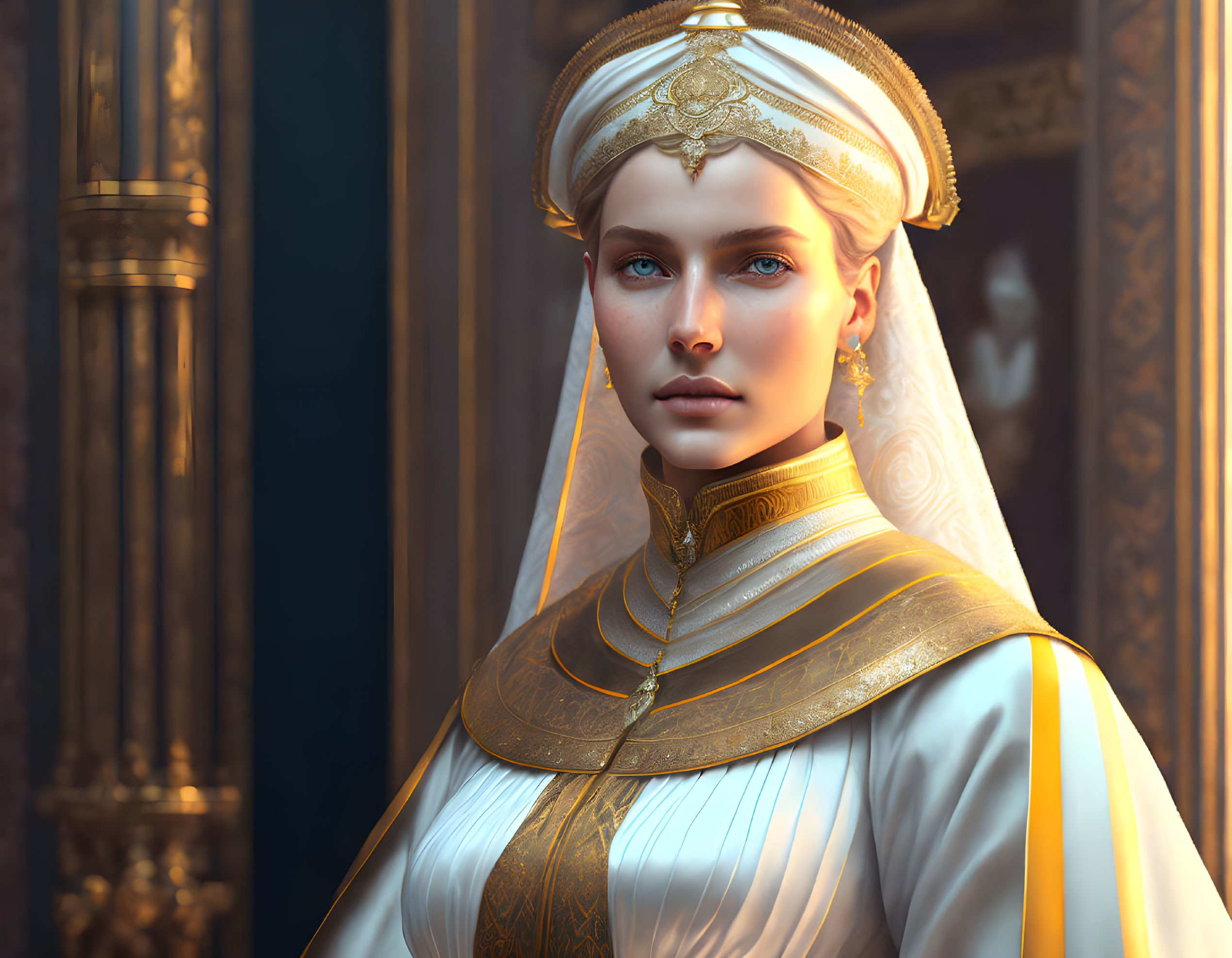 Regal Woman in Gold-and-White Headdress in Historical Interior