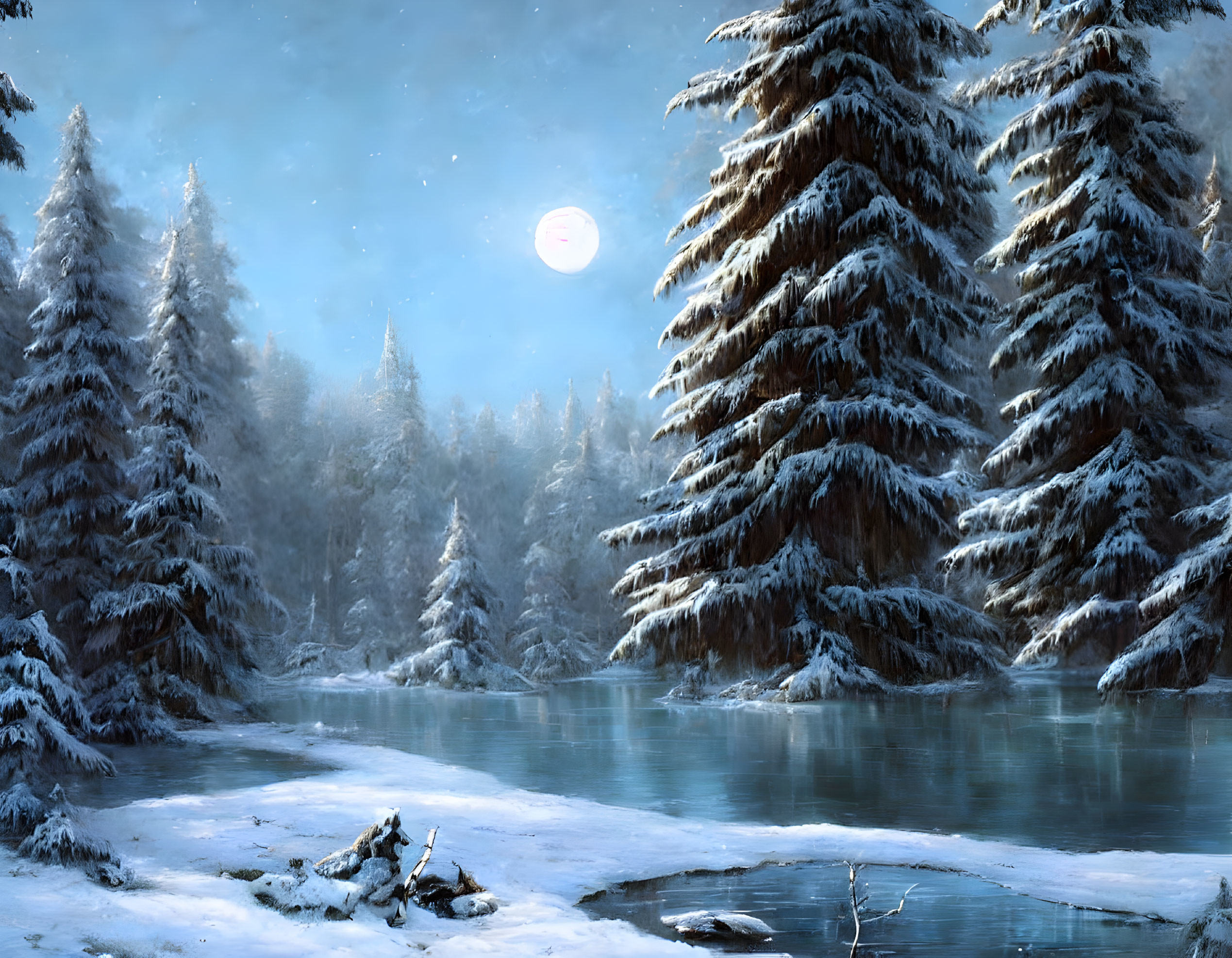 Snow-covered trees, frozen river, full moon in serene winter landscape