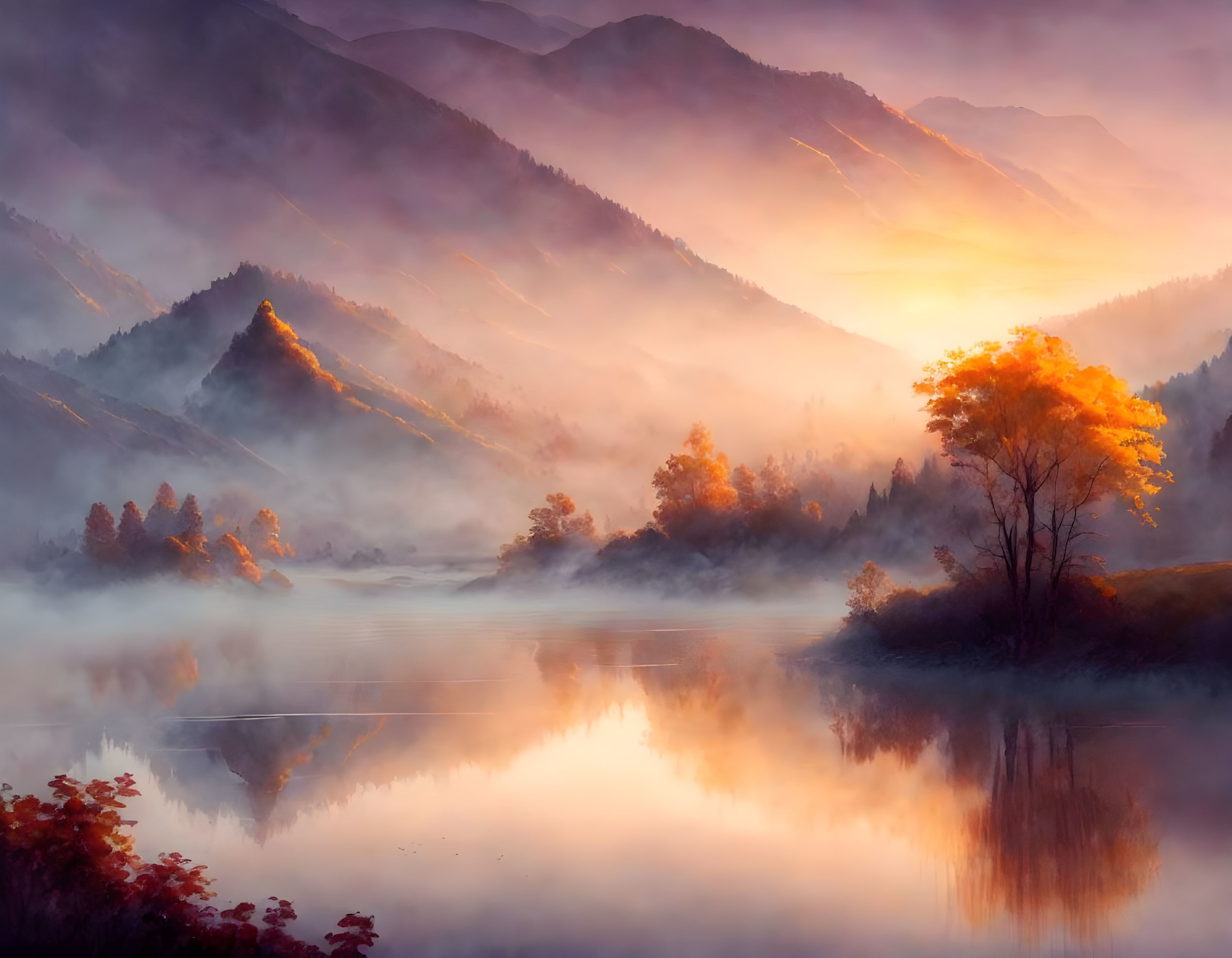 Tranquil sunrise over misty mountains and serene lake with vibrant tree