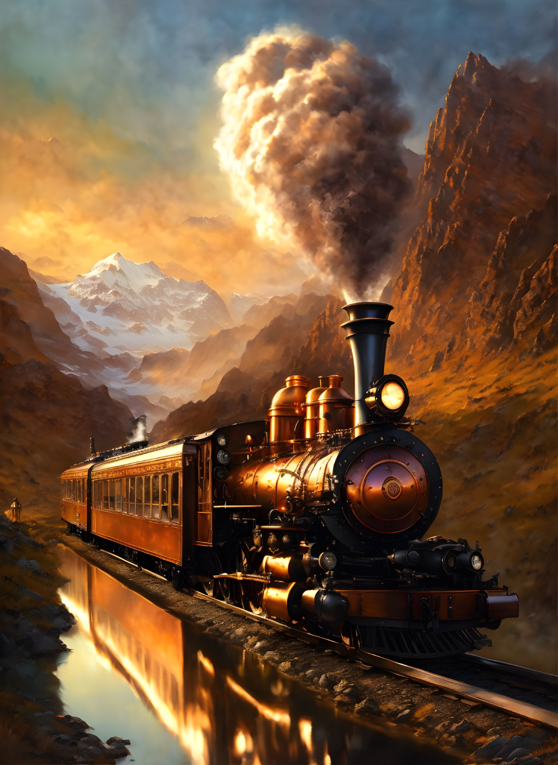 Vintage steam locomotive pulling passenger car in mountainous sunset scene