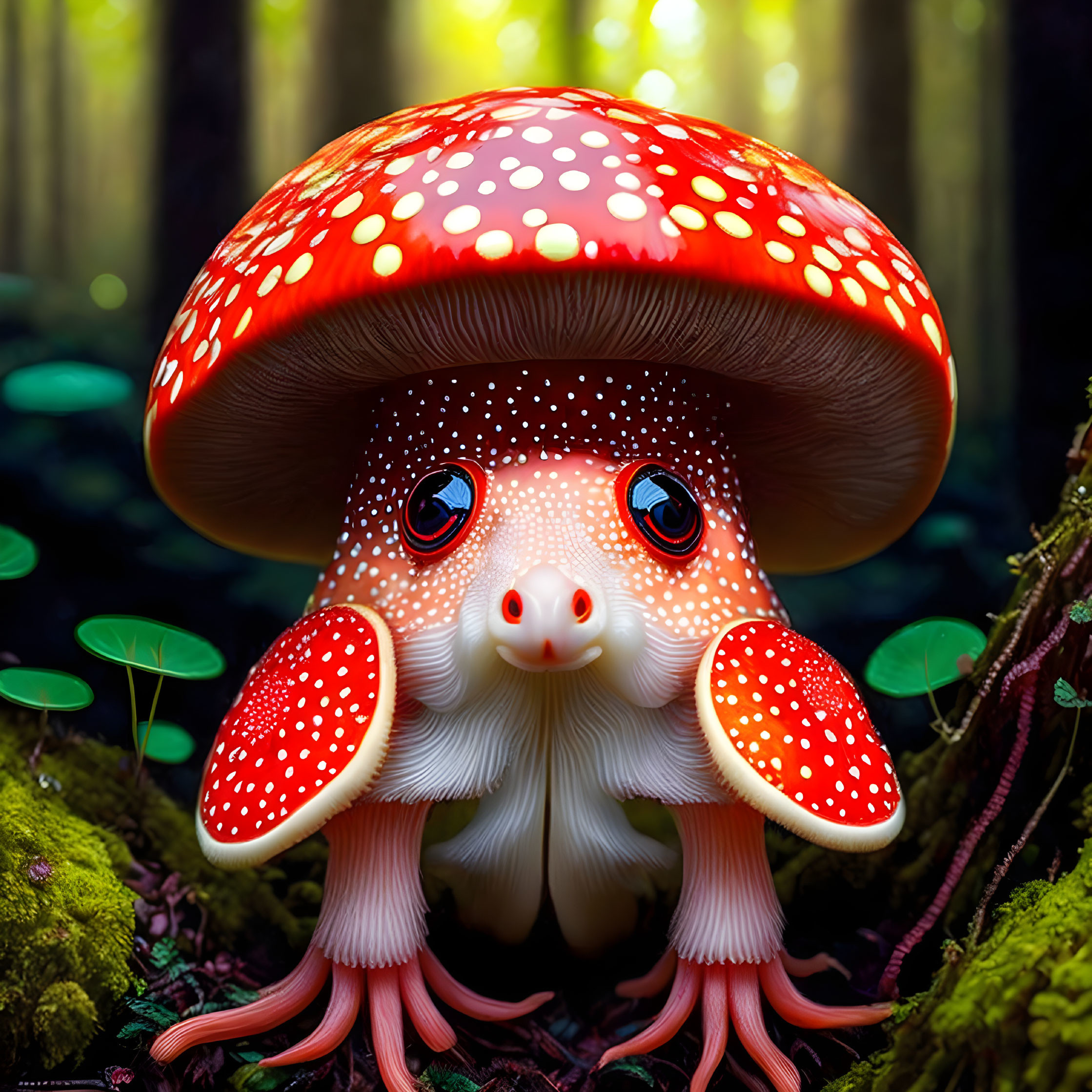 Illustration of whimsical creature with red mushroom cap head in enchanted forest