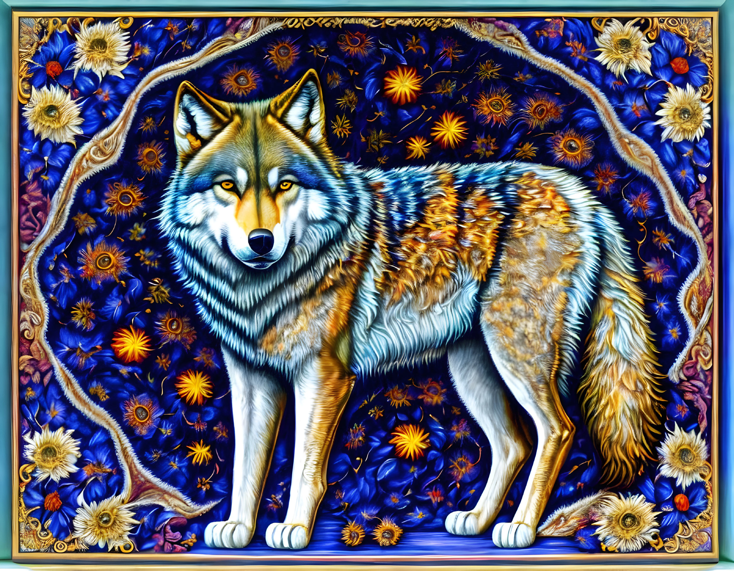 Colorful Wolf Illustration with Floral Background in Blue, Yellow, and Orange