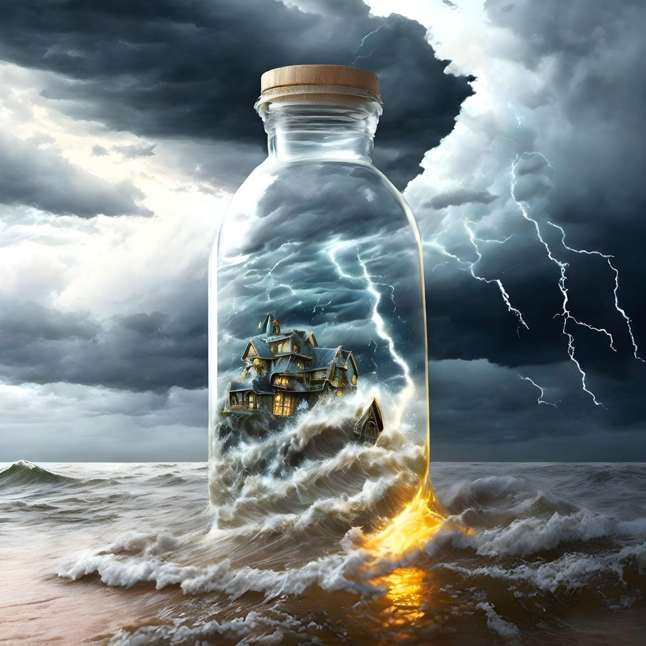 Ship in glass bottle amidst stormy seas with lightning.