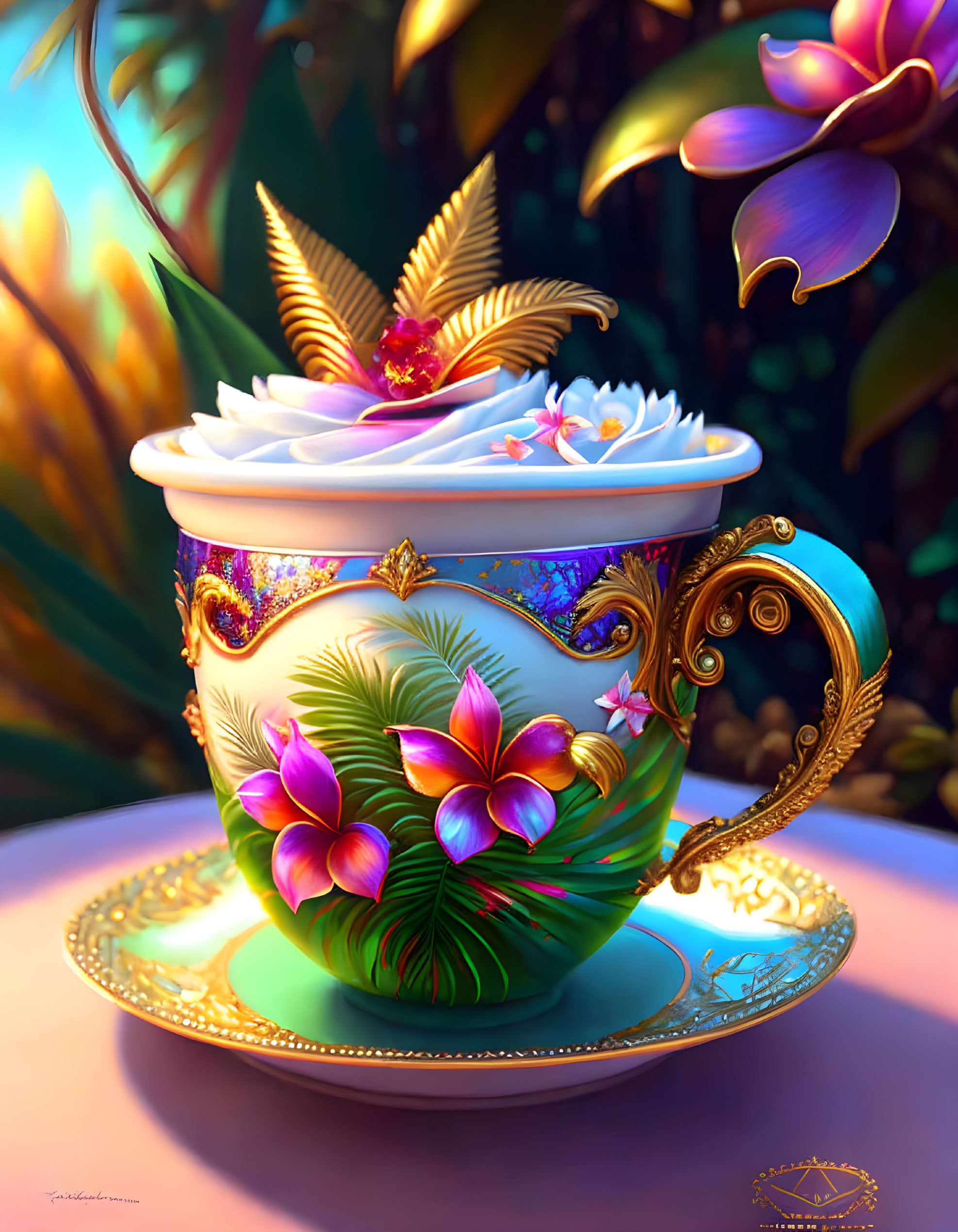 Floral design teacup with gold detailing and milk, surrounded by vibrant plants