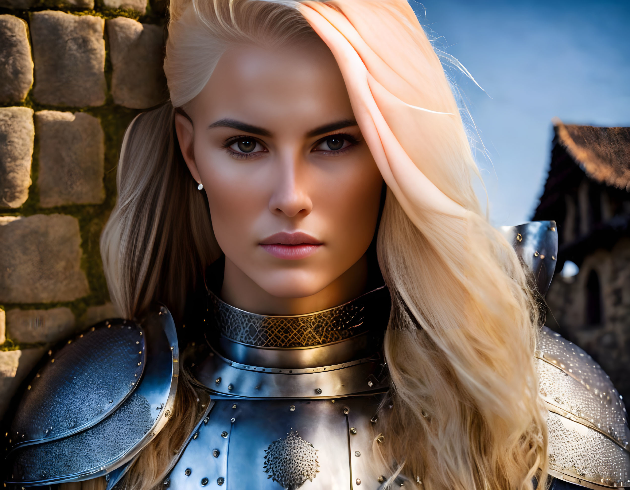 Blonde Woman in Medieval Armor Portrait with Stone Wall Background