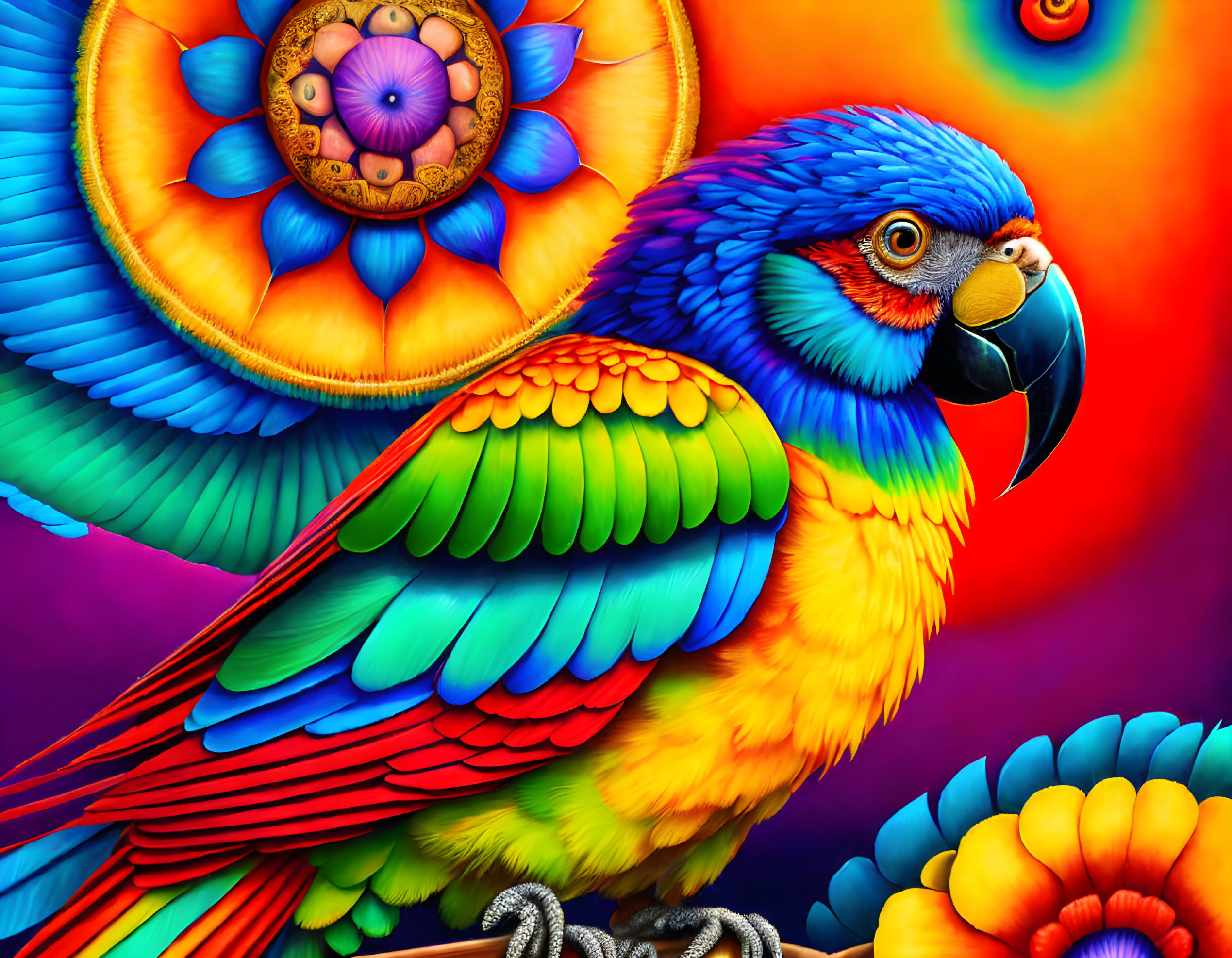 Colorful Parrot Artwork with Psychedelic Background Patterns