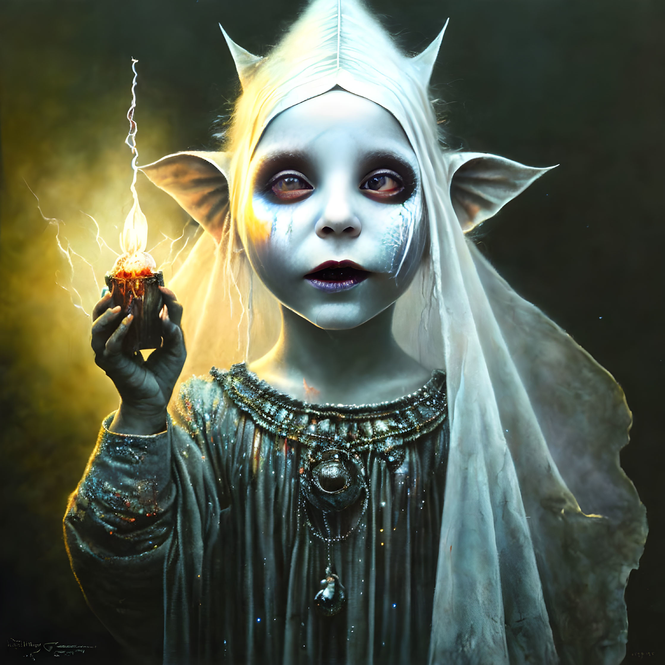 Mystical child with pointed ears holding glowing ember in dark setting