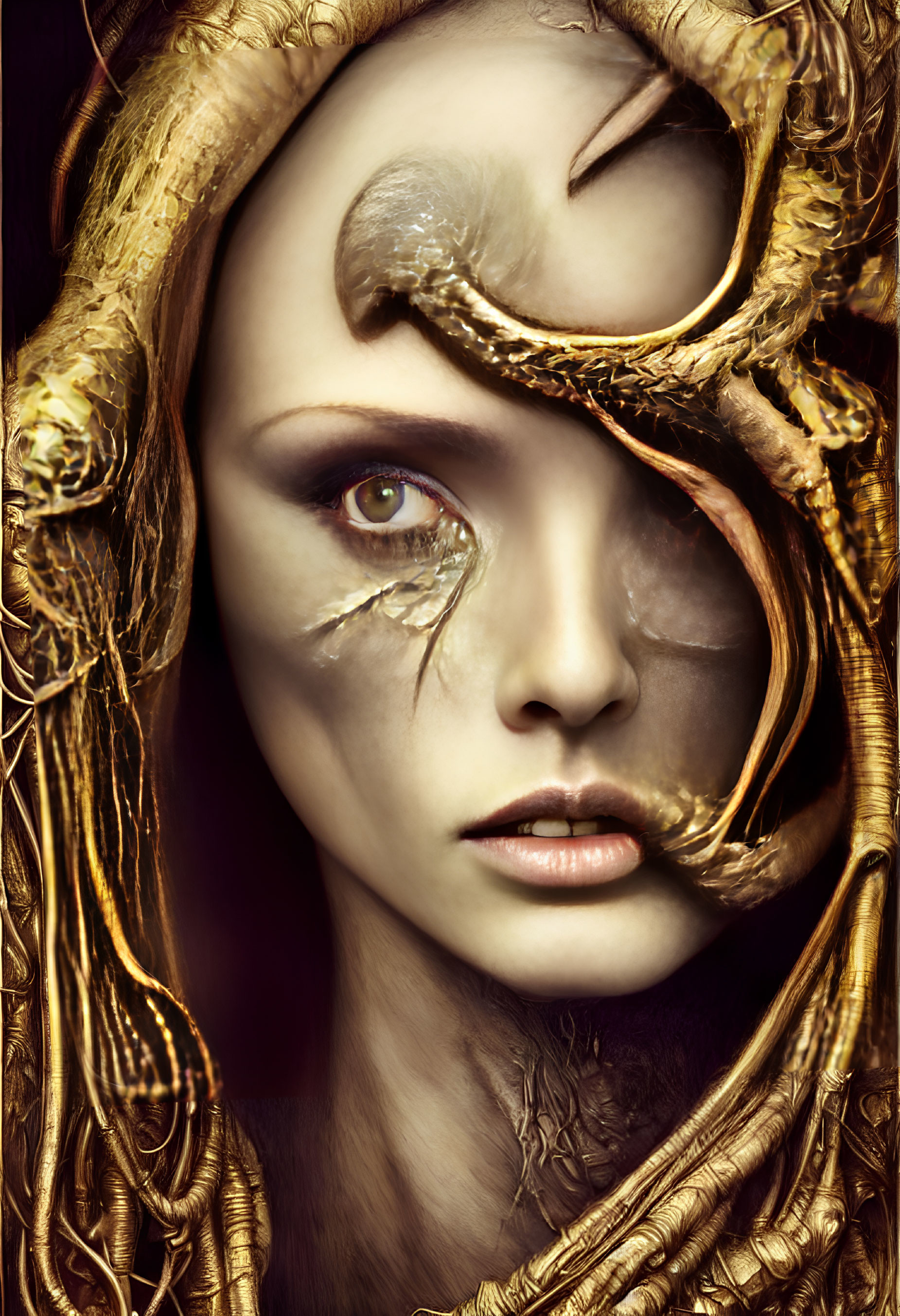 Surreal portrait of person with golden serpentine elements and one visible eye