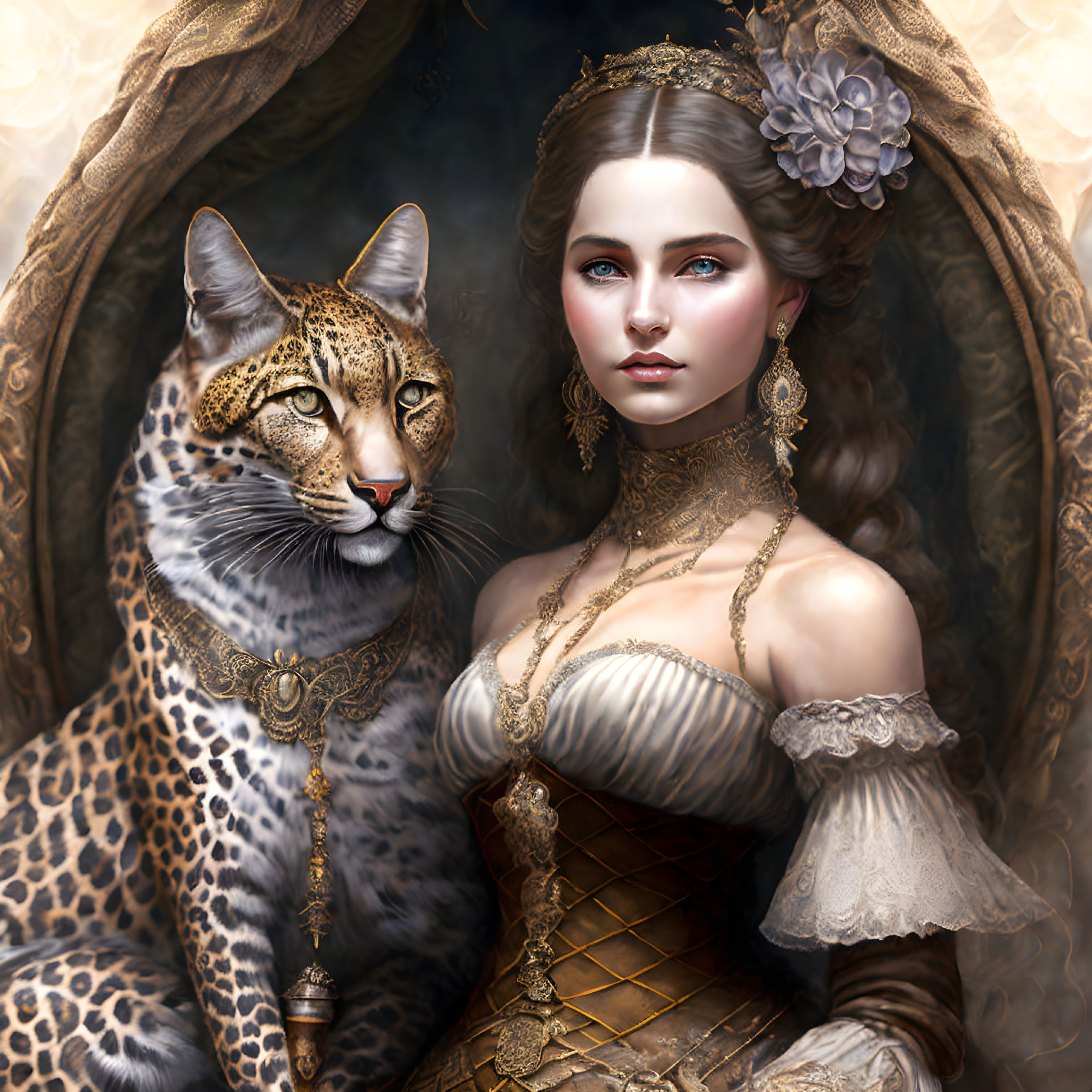 Historical woman in elegant attire with majestic leopard in regal setting