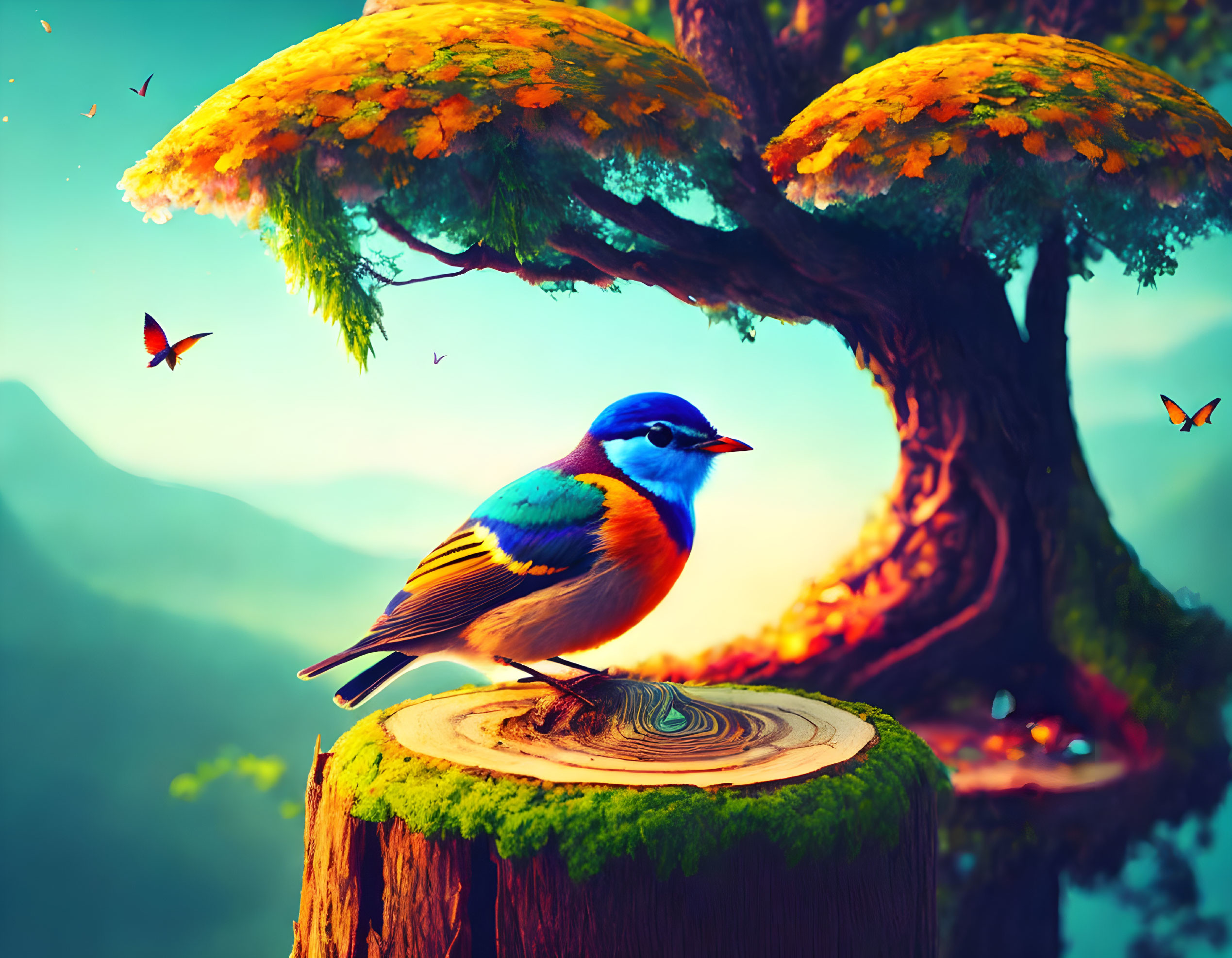 Colorful bird on stump with golden leaves, mountains, and butterflies.