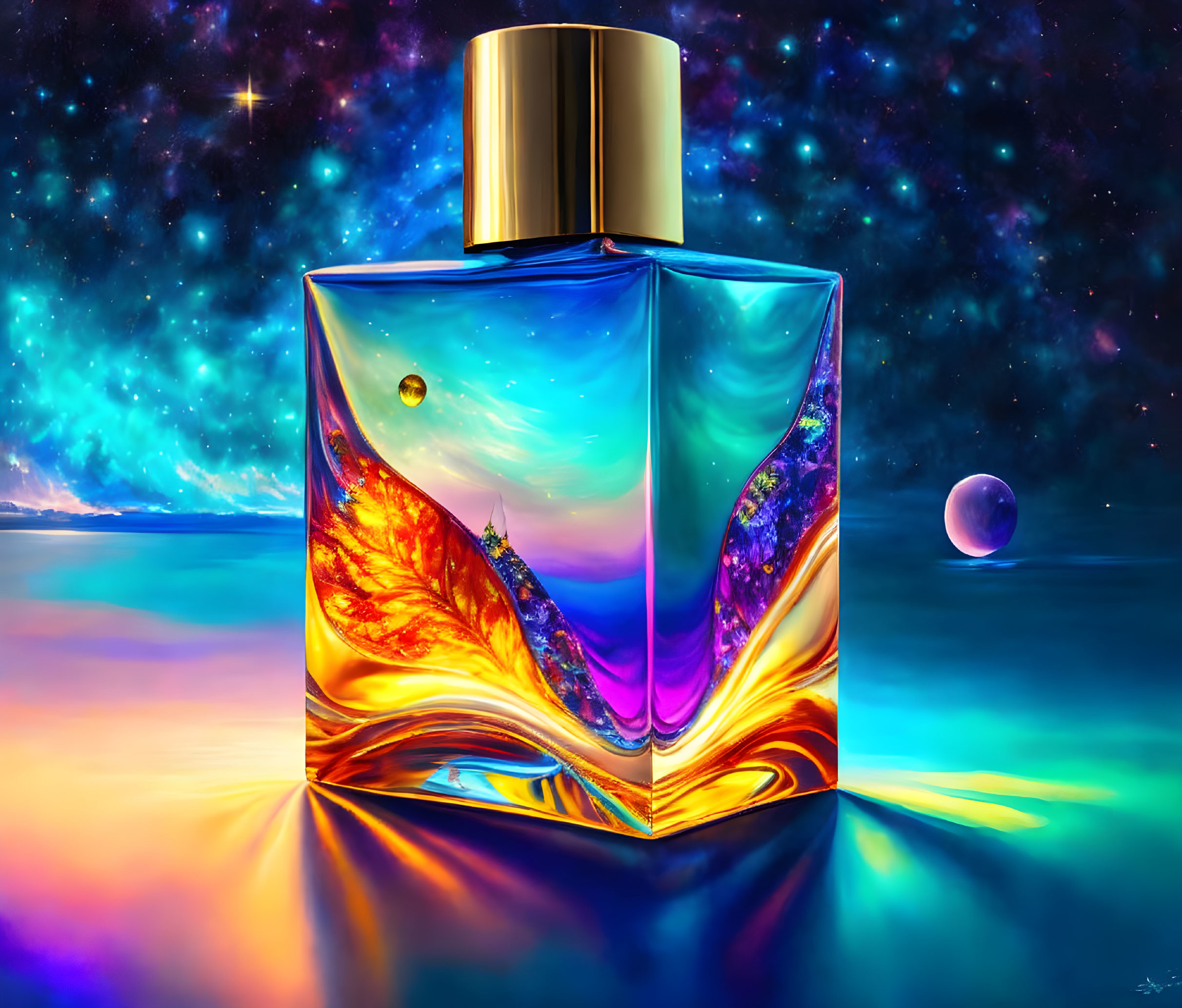 Colorful Cosmic Perfume Bottle Illustration with Golden Cap