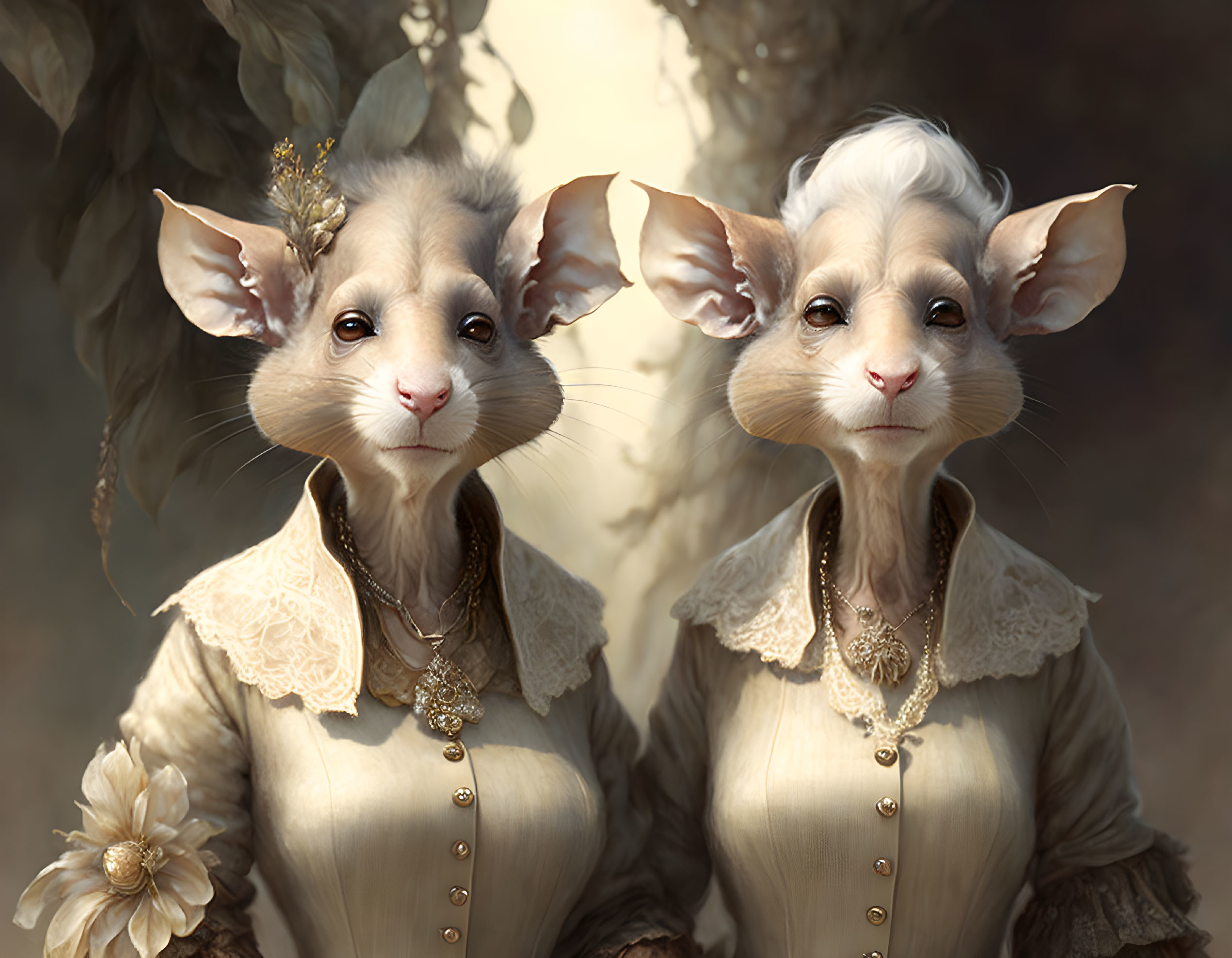 Anthropomorphic mice in vintage attire against blurred backdrop