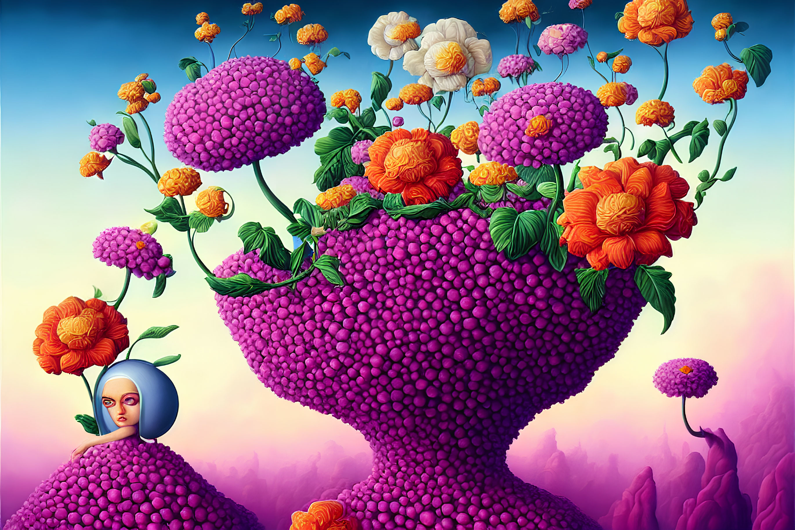 Surreal landscape artwork with purple human-like figure and vibrant flowers