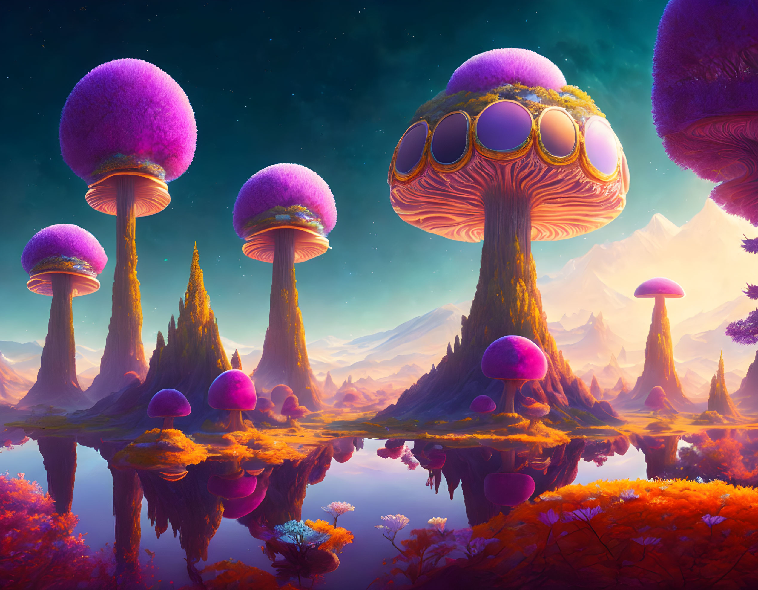 Fantasy landscape with towering mushroom structures by serene water.