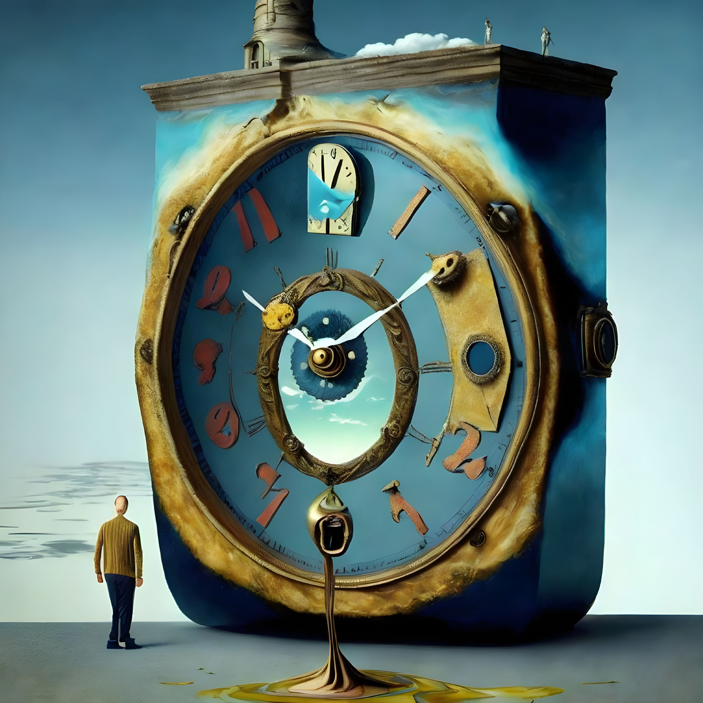 Surrealist image: Giant melting clock with small figure, fluid time concept