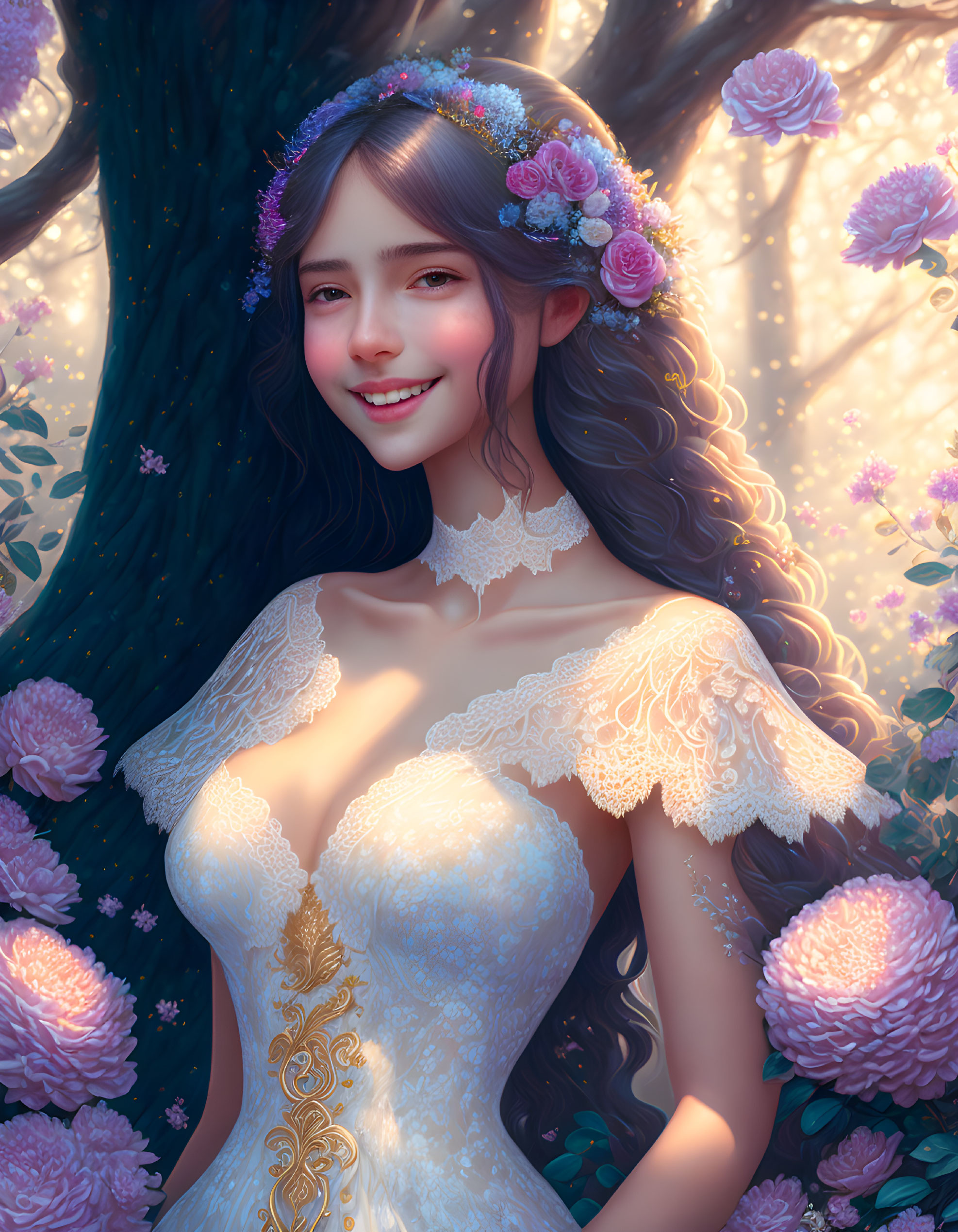 Smiling woman in floral crown and off-shoulder dress among pink blossoms