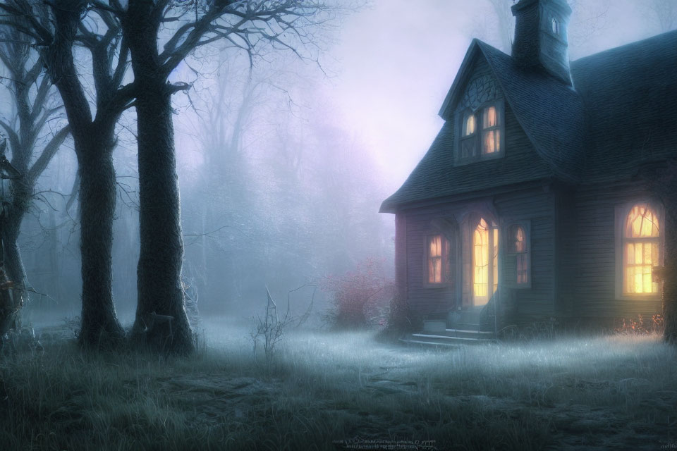 Misty Twilight Scene: Quaint Wooden House in Woods