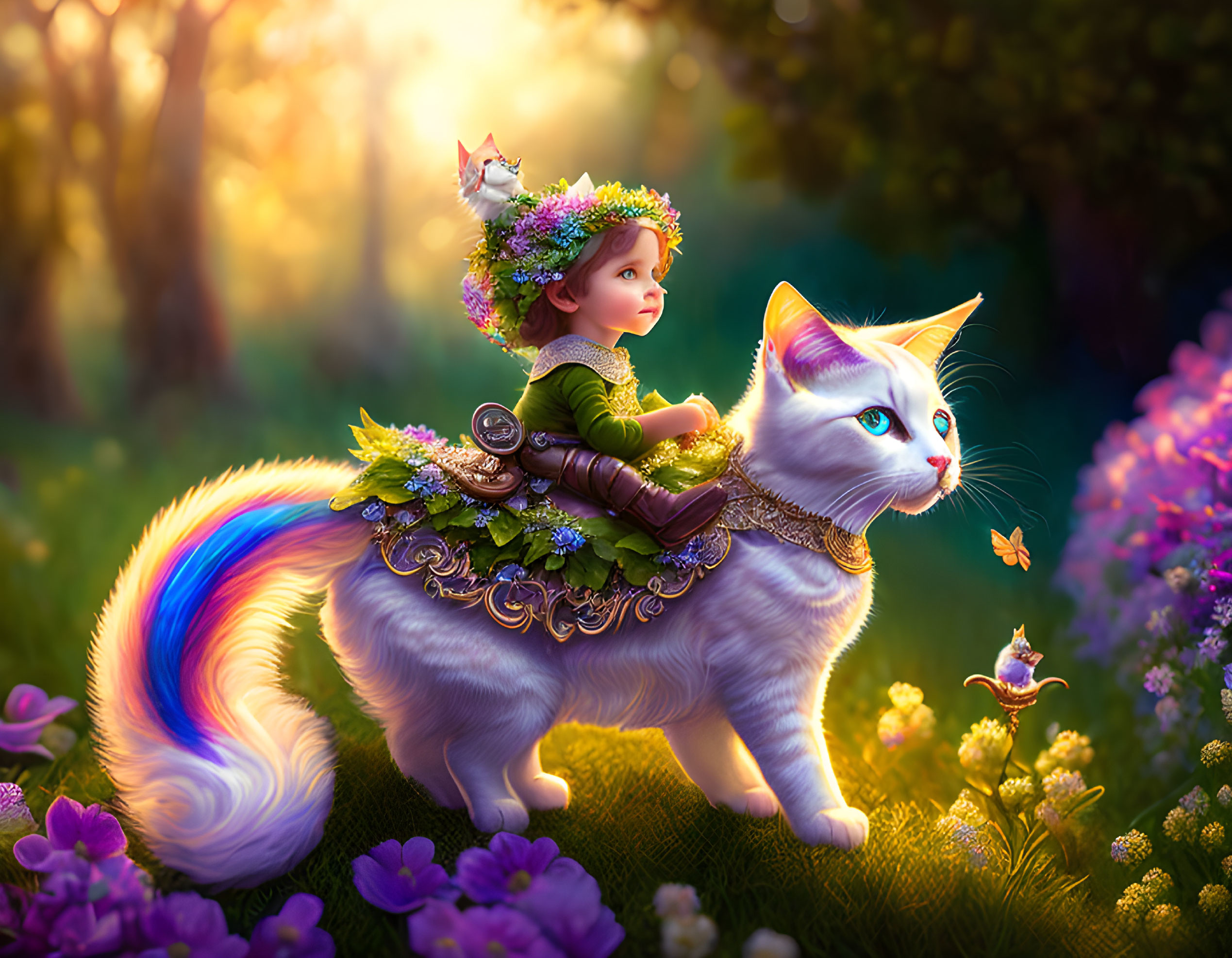 Child in green outfit riding white cat with rainbow tail among purple flowers, kitten on branch.