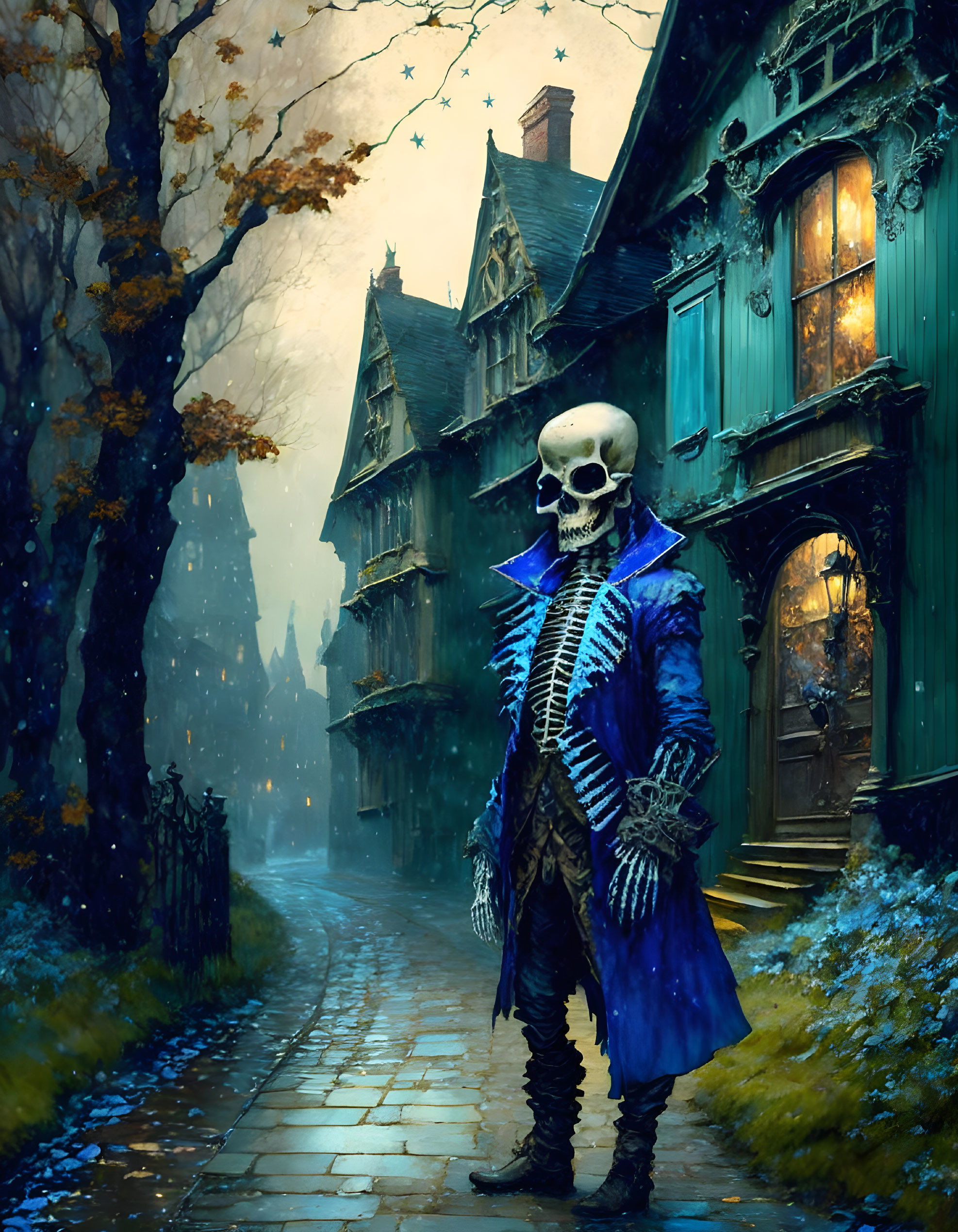 Skeleton Figure in Blue Coat Stands by Gothic House with Autumn Leaves and Winter Frost