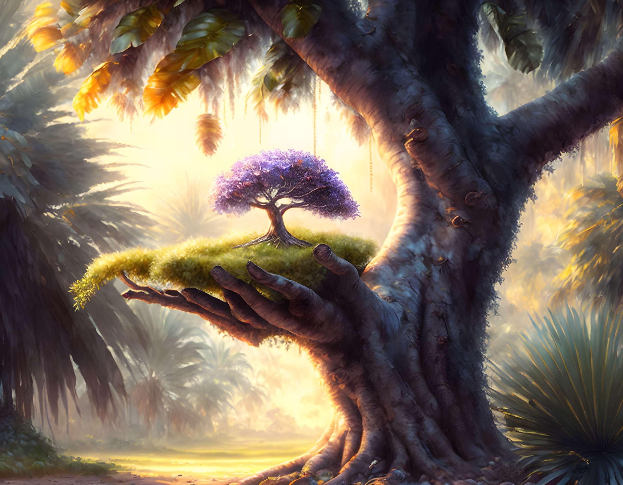 Twisted root mystical tree with purple companion in lush forest