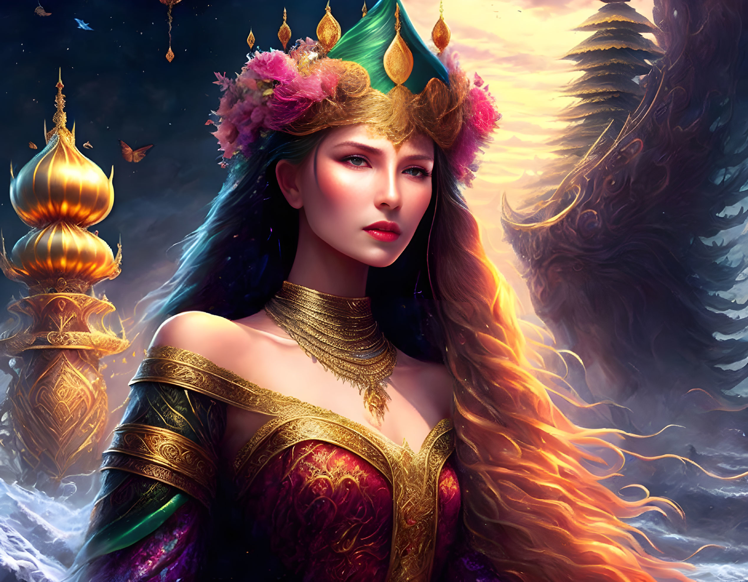 Ethereal woman with blue hair and golden crown in mystical landscape.