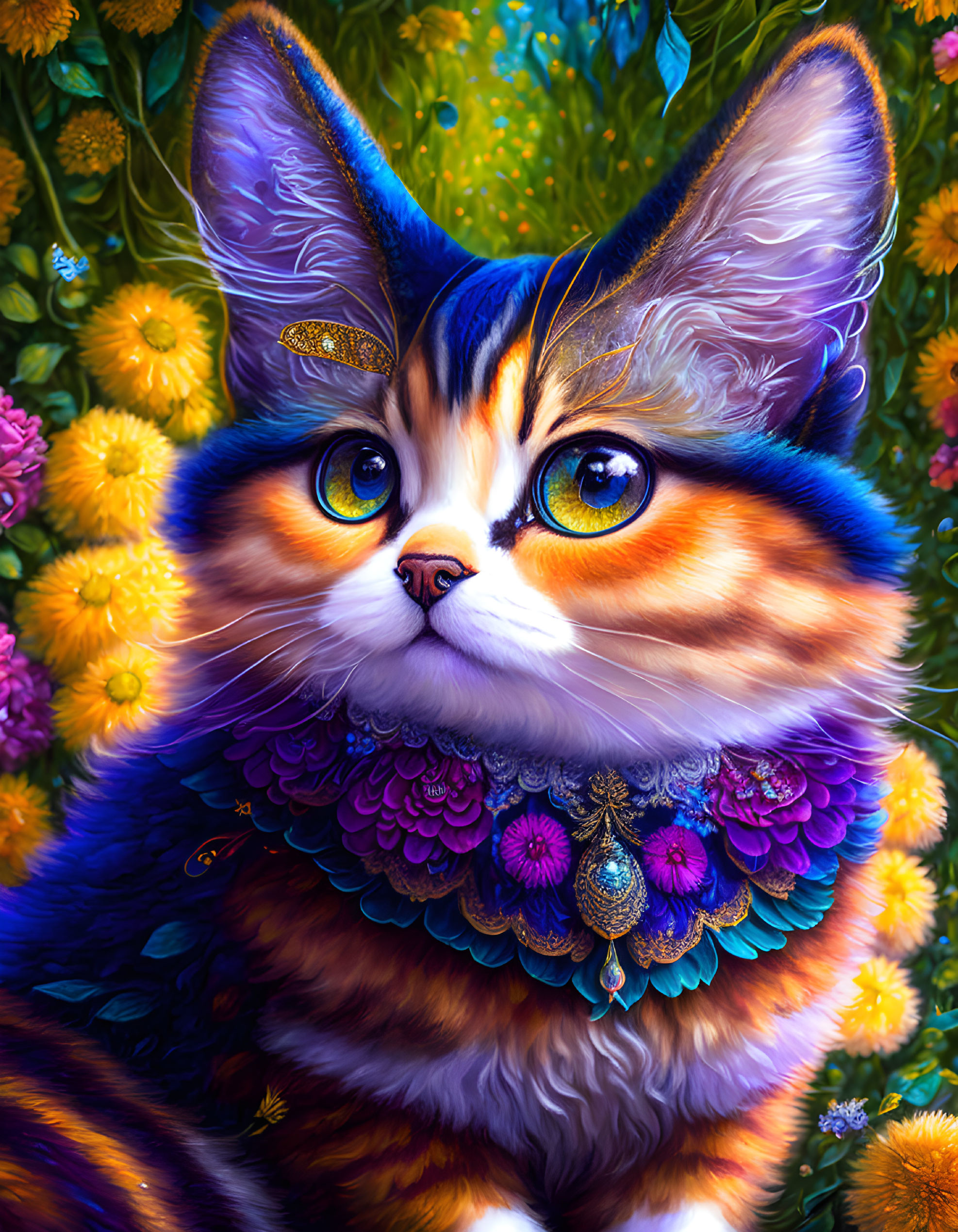 Colorful Cat Artwork with Intricate Patterns and Blue Eyes on Floral Background