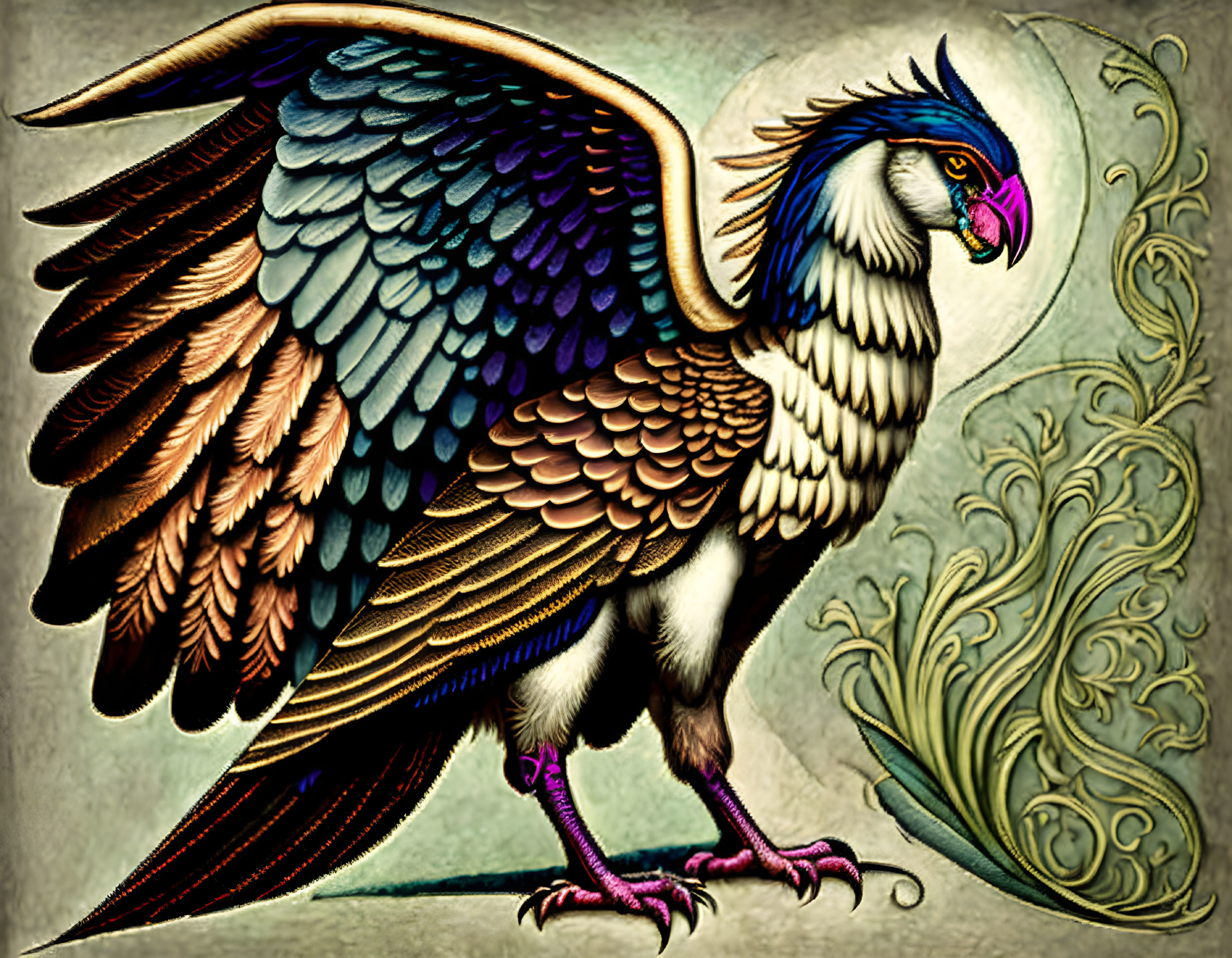 Illustrated Mythical Creature with Lion Body, Eagle Wings, and Ornate Details