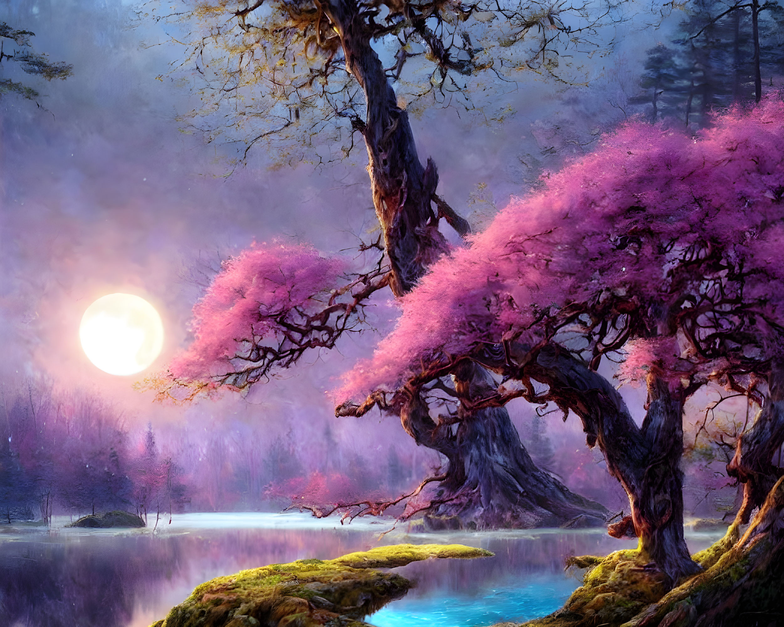 Pink Blossoming Trees in Mystical Landscape with Serene Lake and Glowing Sun